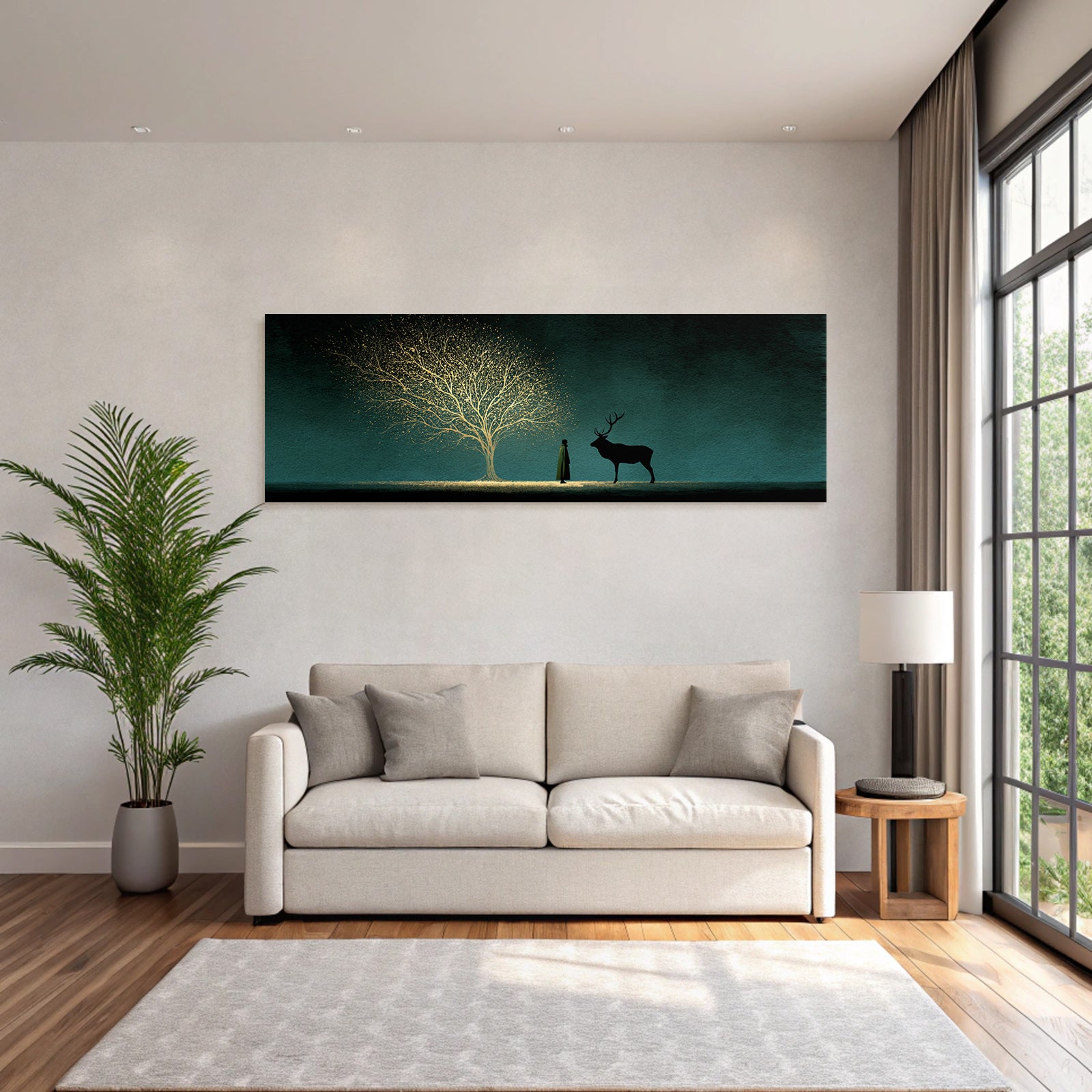 Silhoütte Von Mensch Und Hirsch Vor Mystischem Leuchtendem Baum