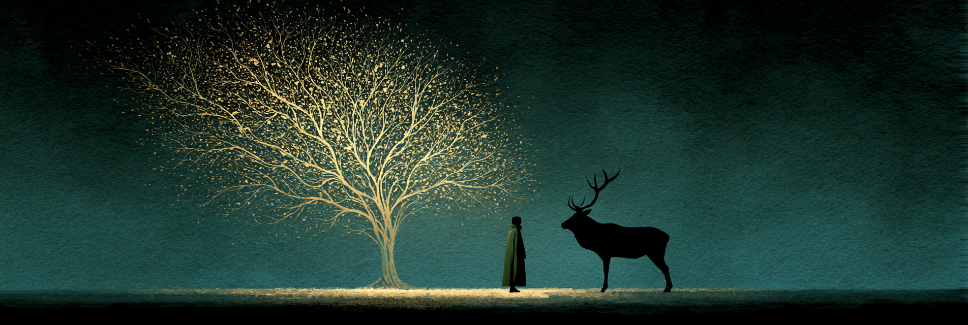 Silhoütte Von Mensch Und Hirsch Vor Mystischem Leuchtendem Baum | Alte und Neue Meister | Stilrichtungen