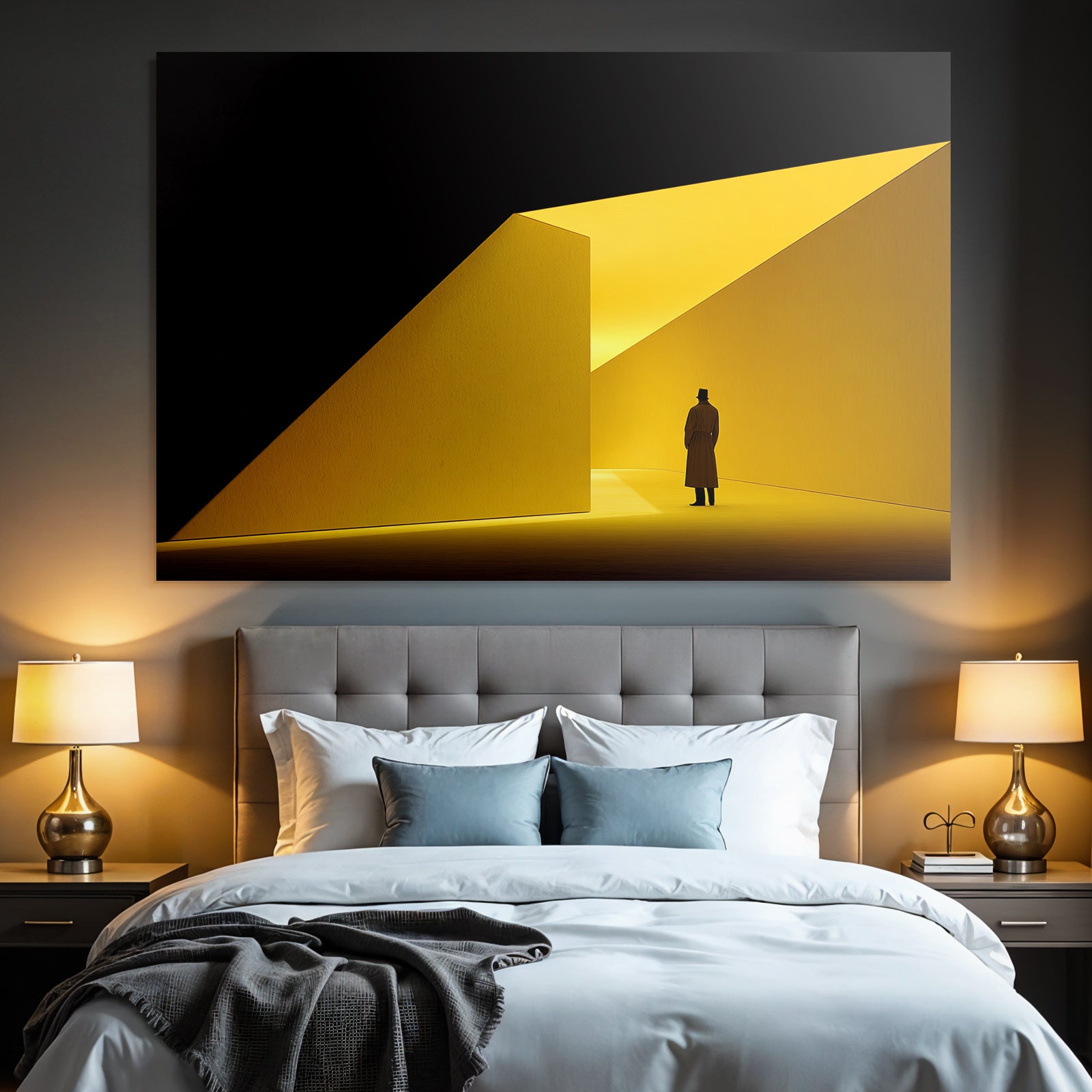 Silhoütte Im Langen Mantel Steht Im Hellen Abstrakten Winkeligen Raum