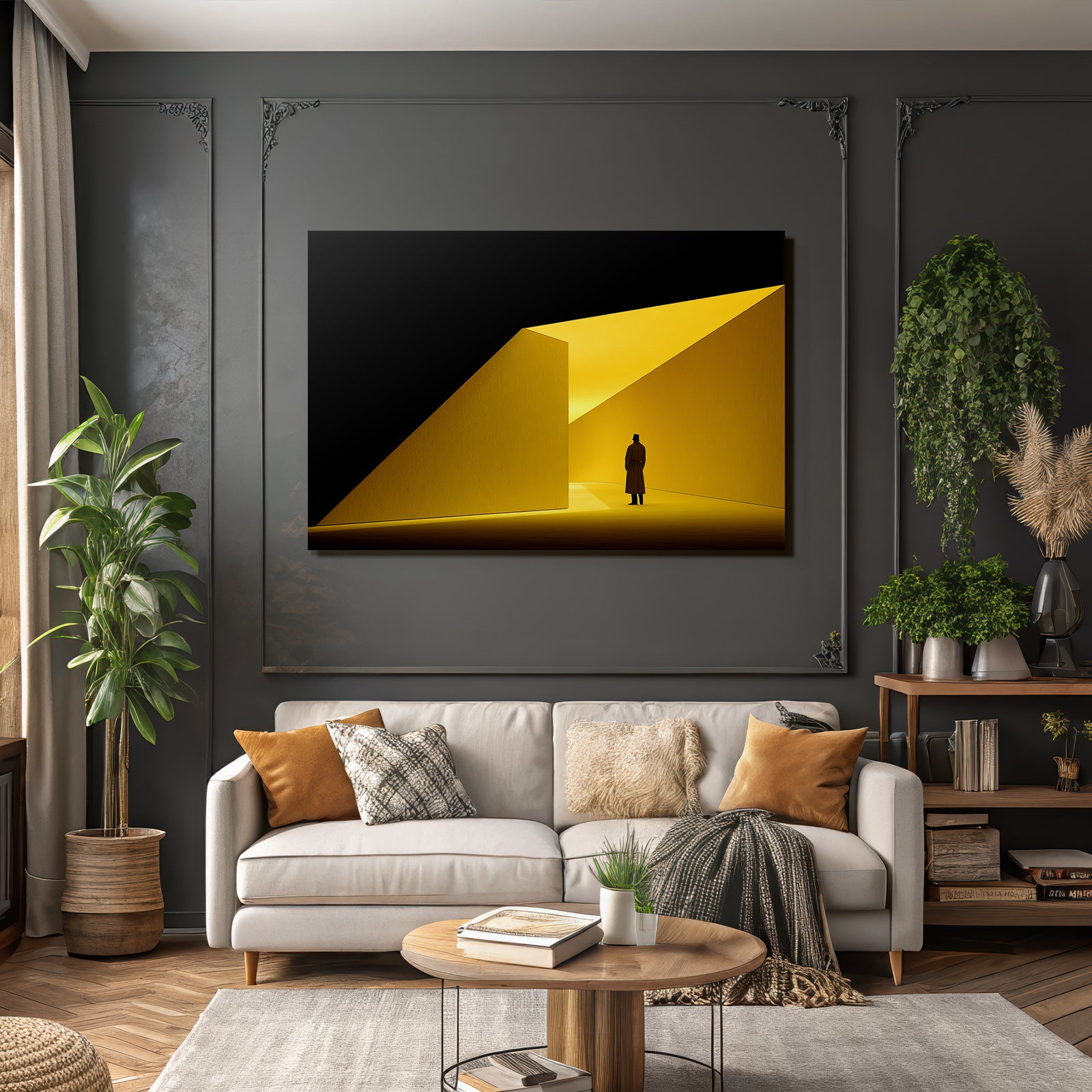 Silhoütte Im Langen Mantel Steht Im Hellen Abstrakten Winkeligen Raum