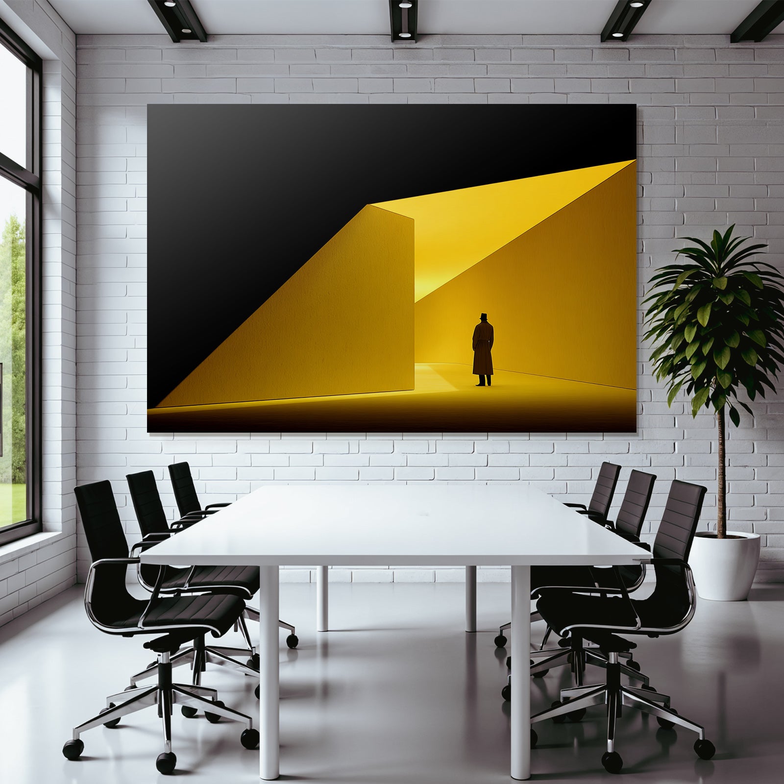 Silhoütte Im Langen Mantel Steht Im Hellen Abstrakten Winkeligen Raum