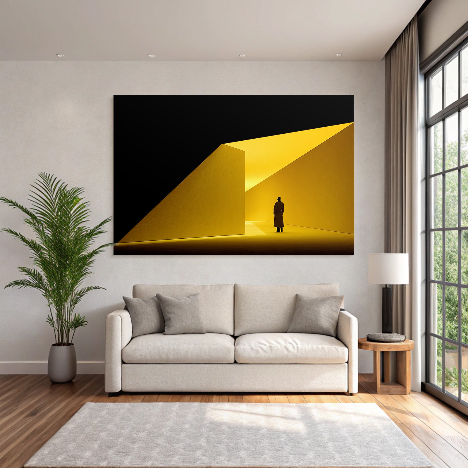 Silhoütte Im Langen Mantel Steht Im Hellen Abstrakten Winkeligen Raum