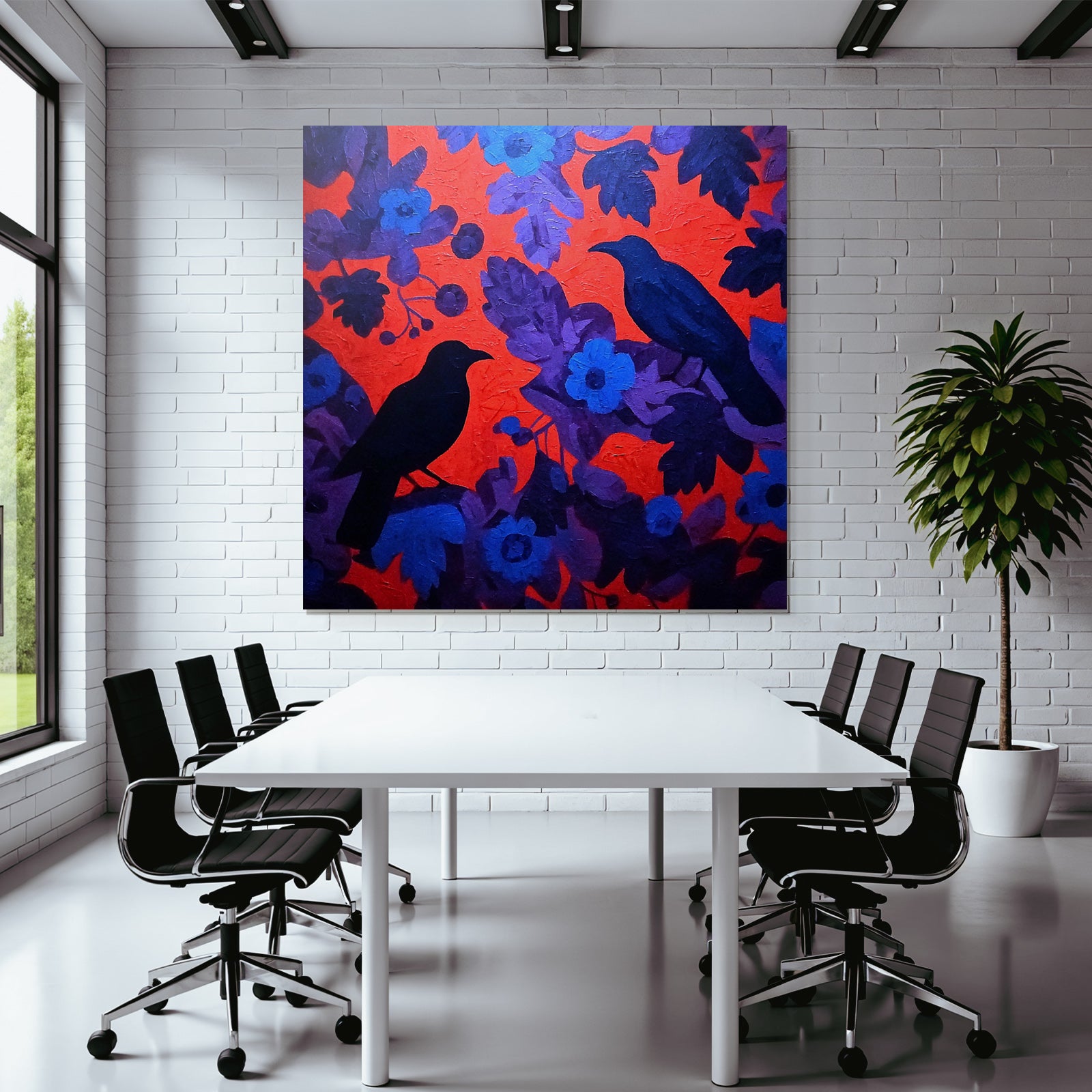 Schwarze Vögel Vor Rotem Hintergrund Mit Blaulila Floralem Muster