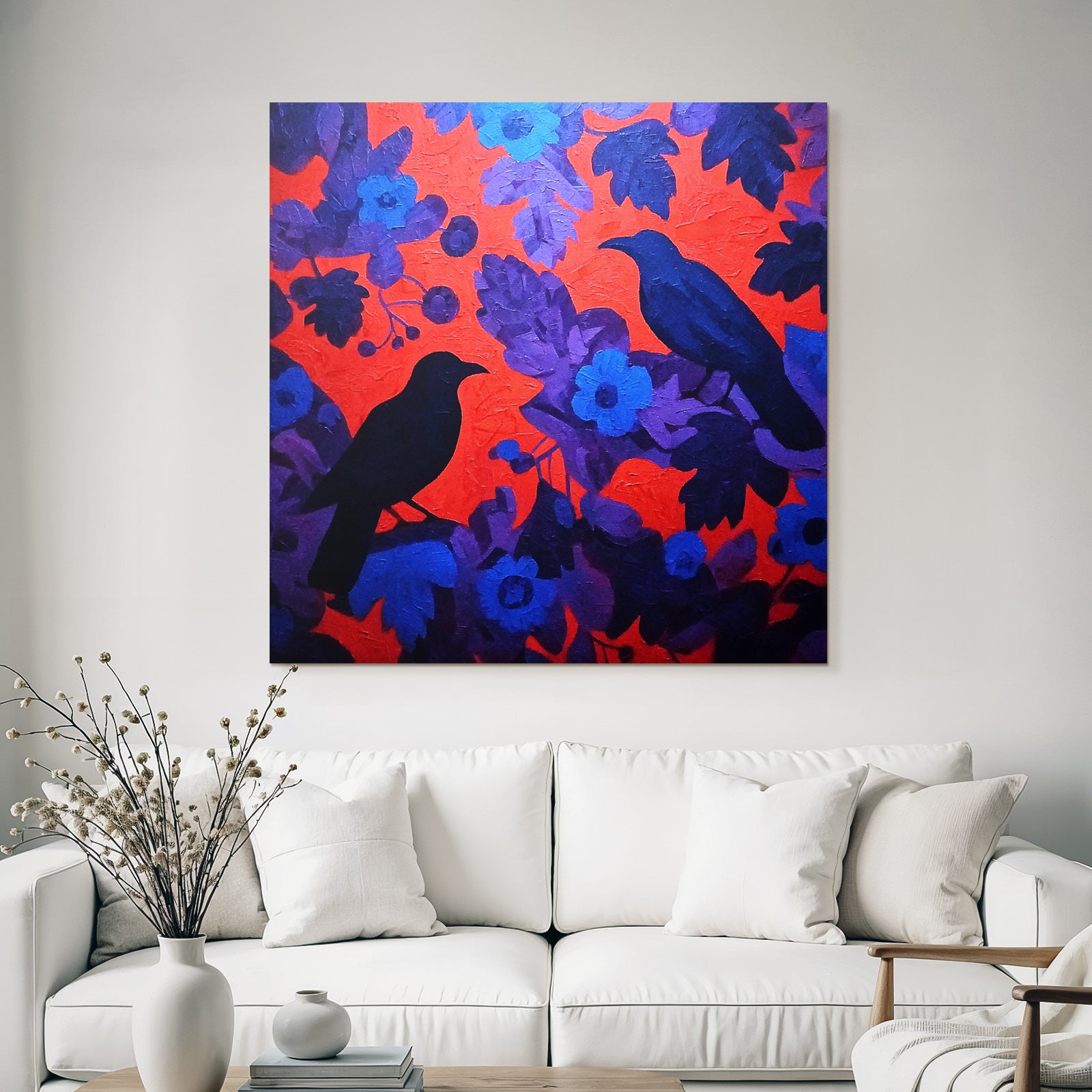 Schwarze Vögel Vor Rotem Hintergrund Mit Blaulila Floralem Muster