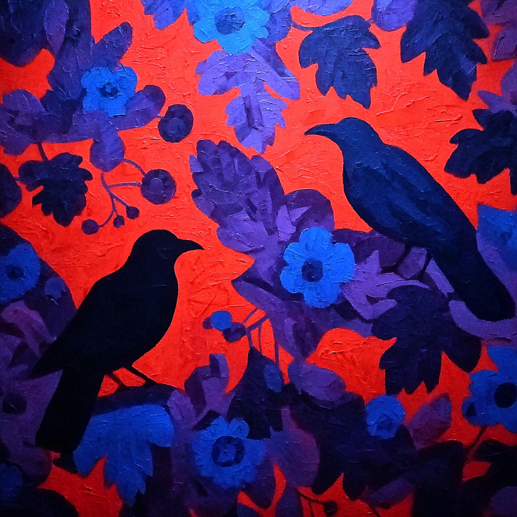 Schwarze Vögel Vor Rotem Hintergrund Mit Blaulila Floralem Muster | Expressionismus | Stilrichtungen