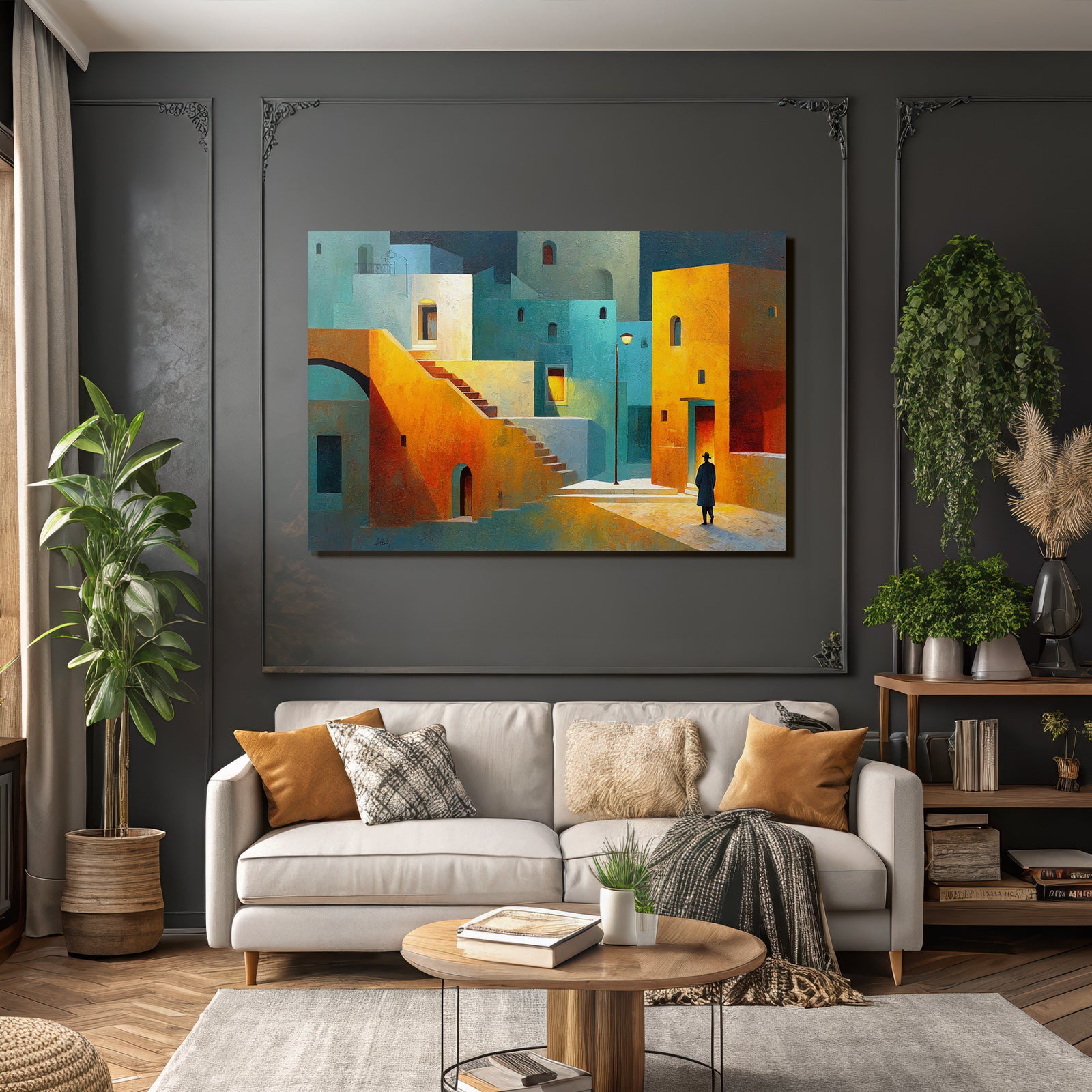 Fantastisch Surreal Bunte Abstrakte Stadtlandschaft Mit Treppen Und Einsamer Figur