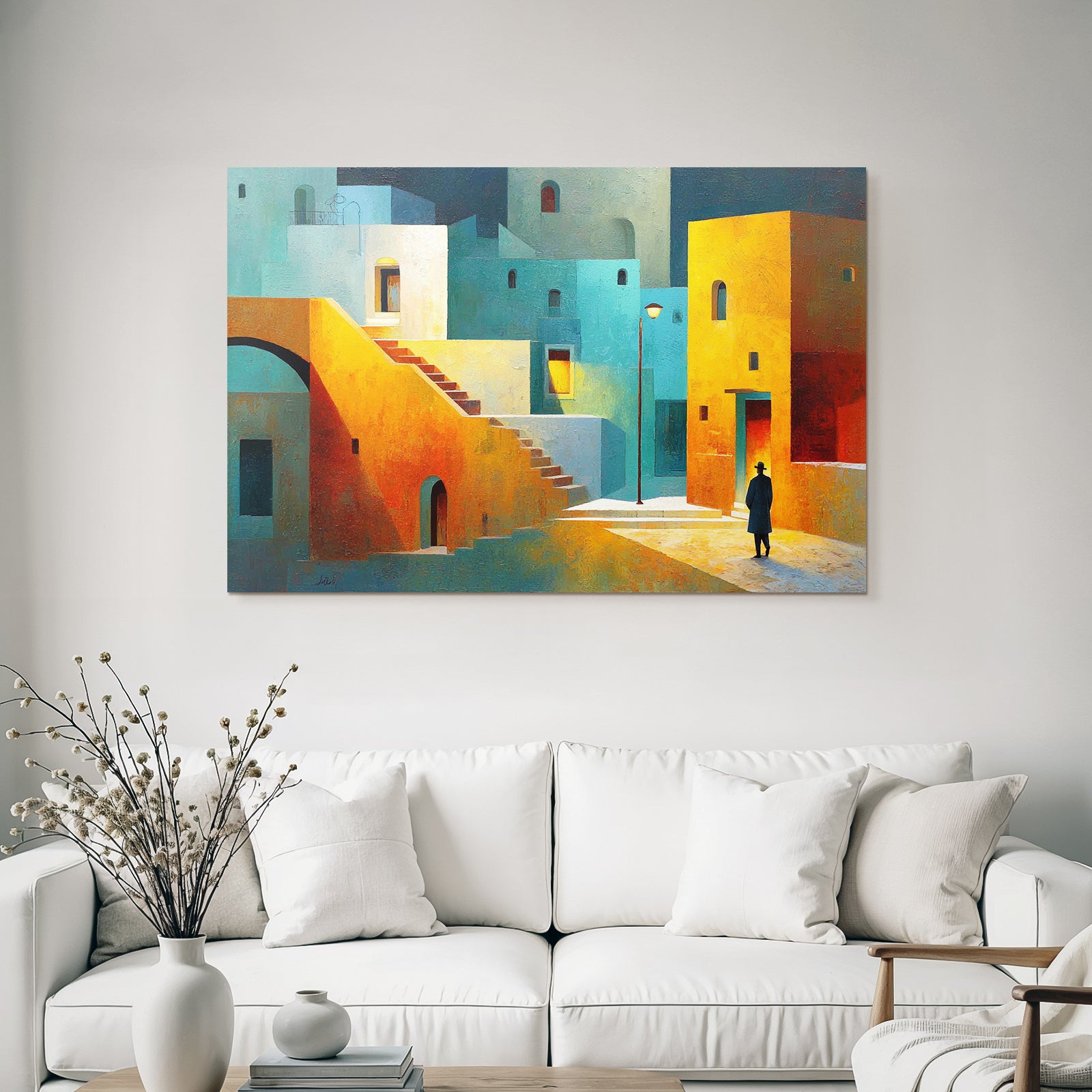 Fantastisch Surreal Bunte Abstrakte Stadtlandschaft Mit Treppen Und Einsamer Figur