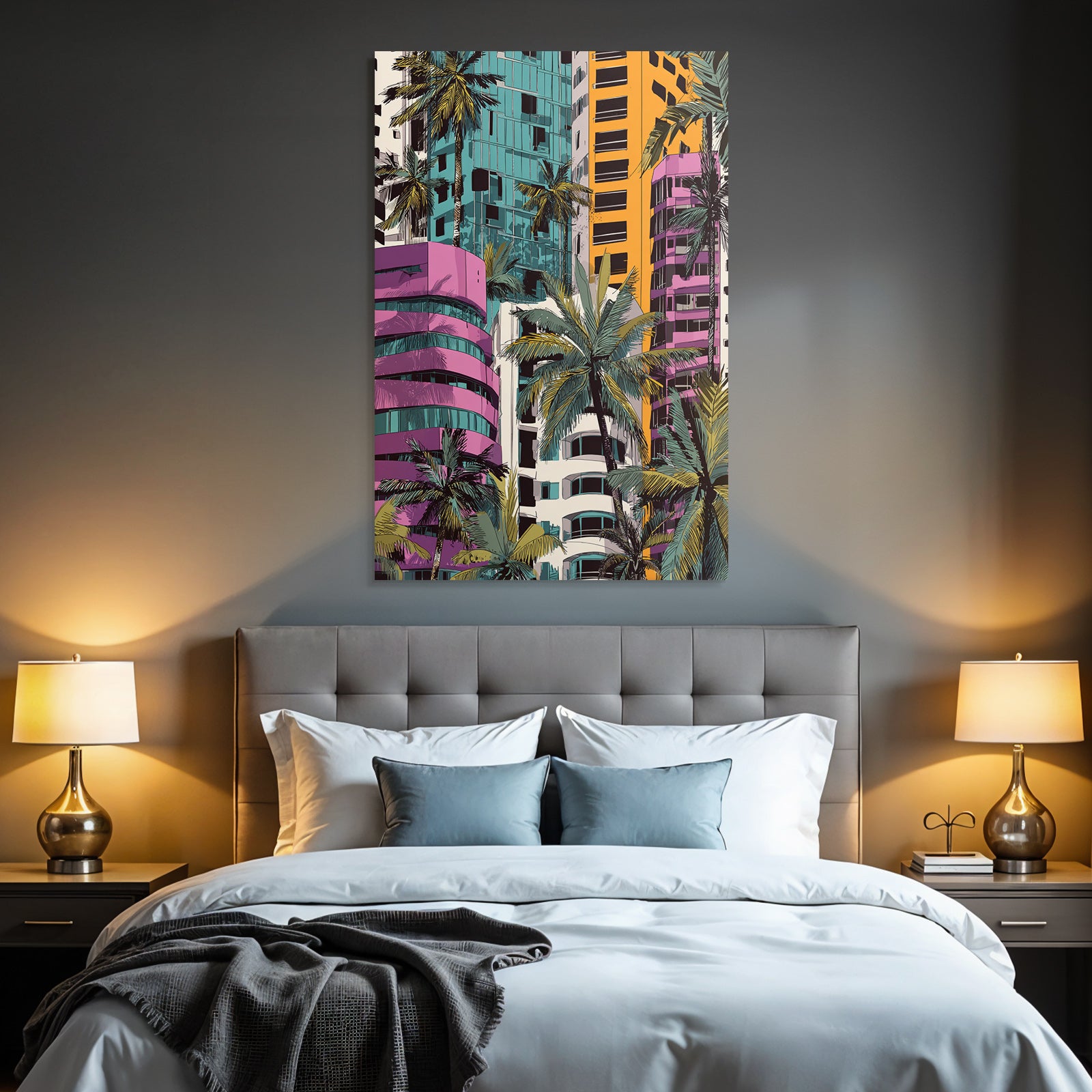 PopArt Modern Geometrische Gebaude Mit Palmen Und Tropischem Retrovibe