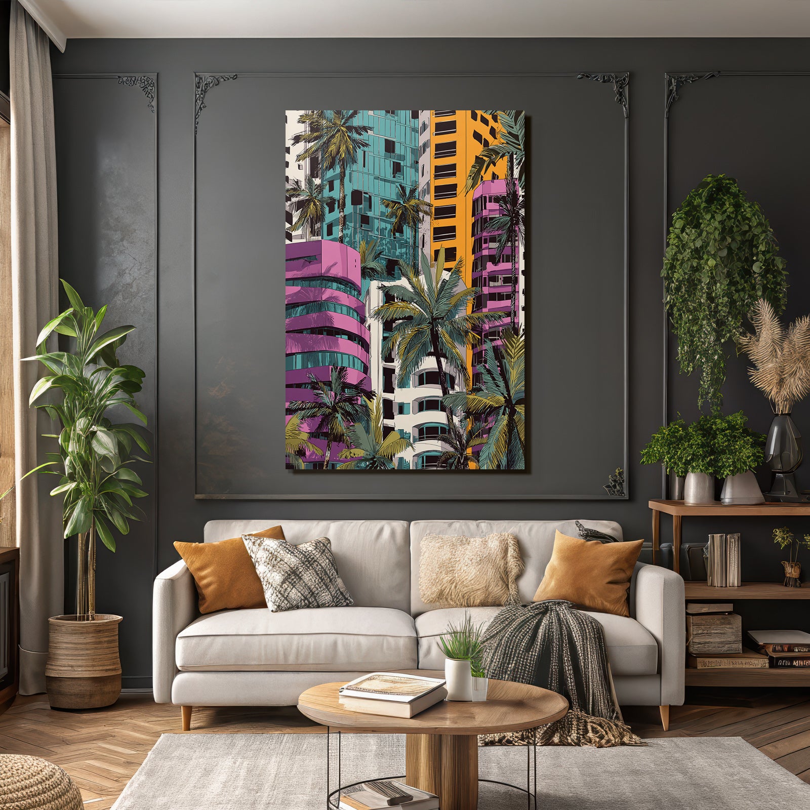 PopArt Modern Geometrische Gebaude Mit Palmen Und Tropischem Retrovibe