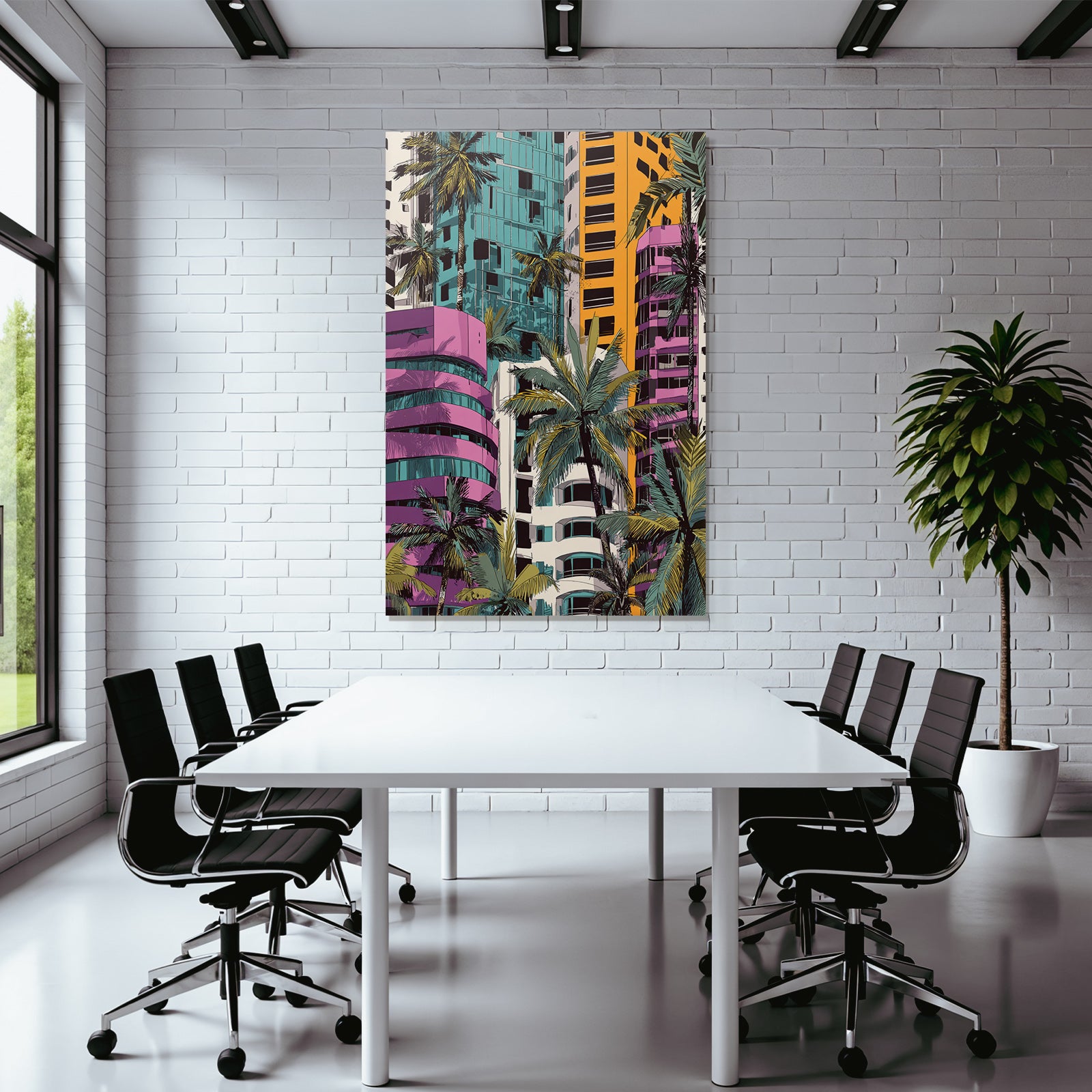 PopArt Modern Geometrische Gebaude Mit Palmen Und Tropischem Retrovibe