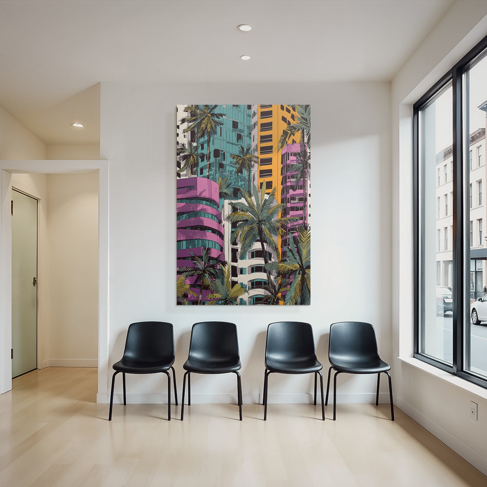 PopArt Modern Geometrische Gebaude Mit Palmen Und Tropischem Retrovibe