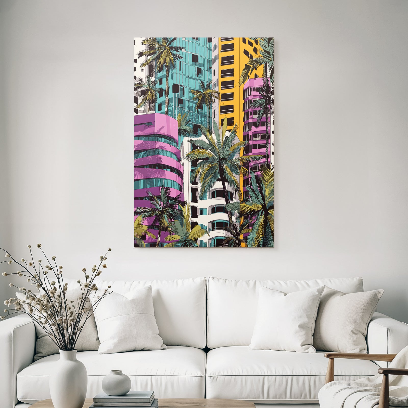 PopArt Modern Geometrische Gebaude Mit Palmen Und Tropischem Retrovibe