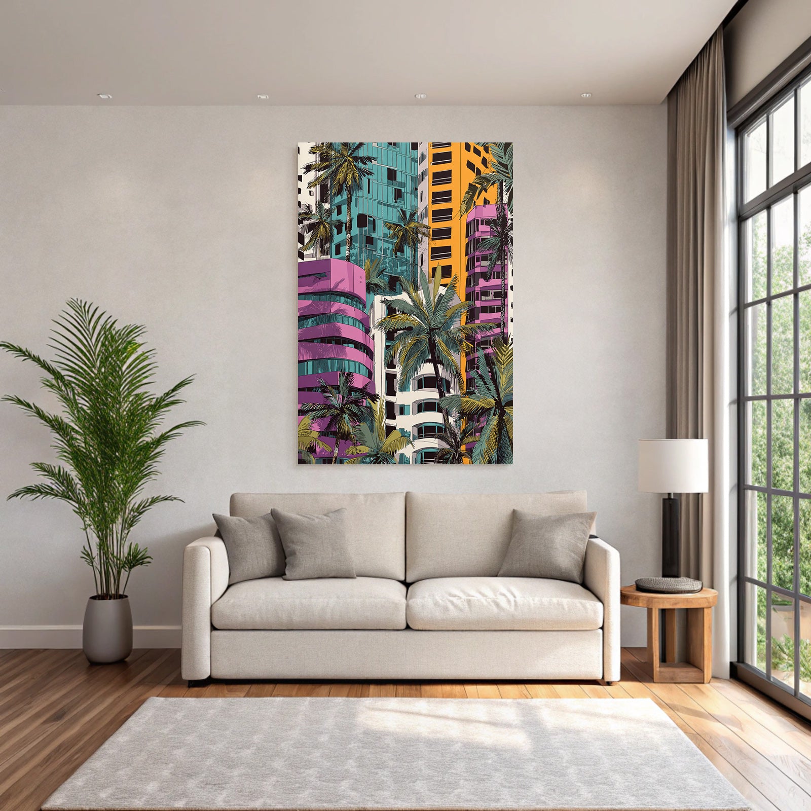 PopArt Modern Geometrische Gebaude Mit Palmen Und Tropischem Retrovibe