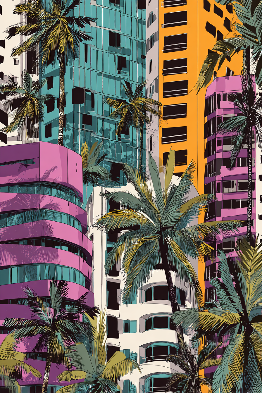 PopArt Modern Geometrische Gebaude Mit Palmen Und Tropischem Retrovibe | Pop Art | Stilrichtungen