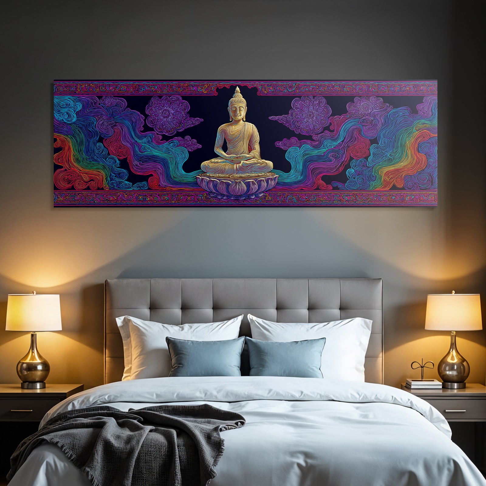 Sitzender Buddha Umgeben Von Farbenfrohen Mustern Und Kosmischen Elementen