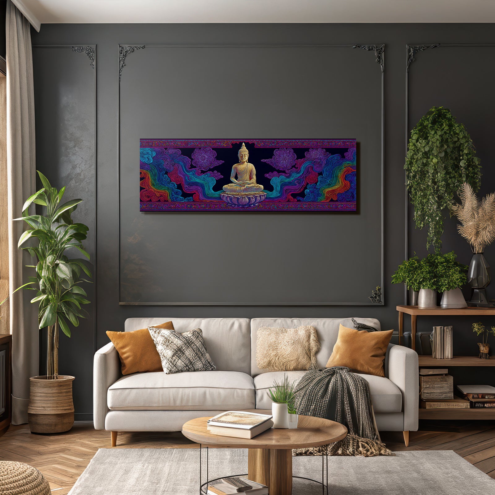 Sitzender Buddha Umgeben Von Farbenfrohen Mustern Und Kosmischen Elementen