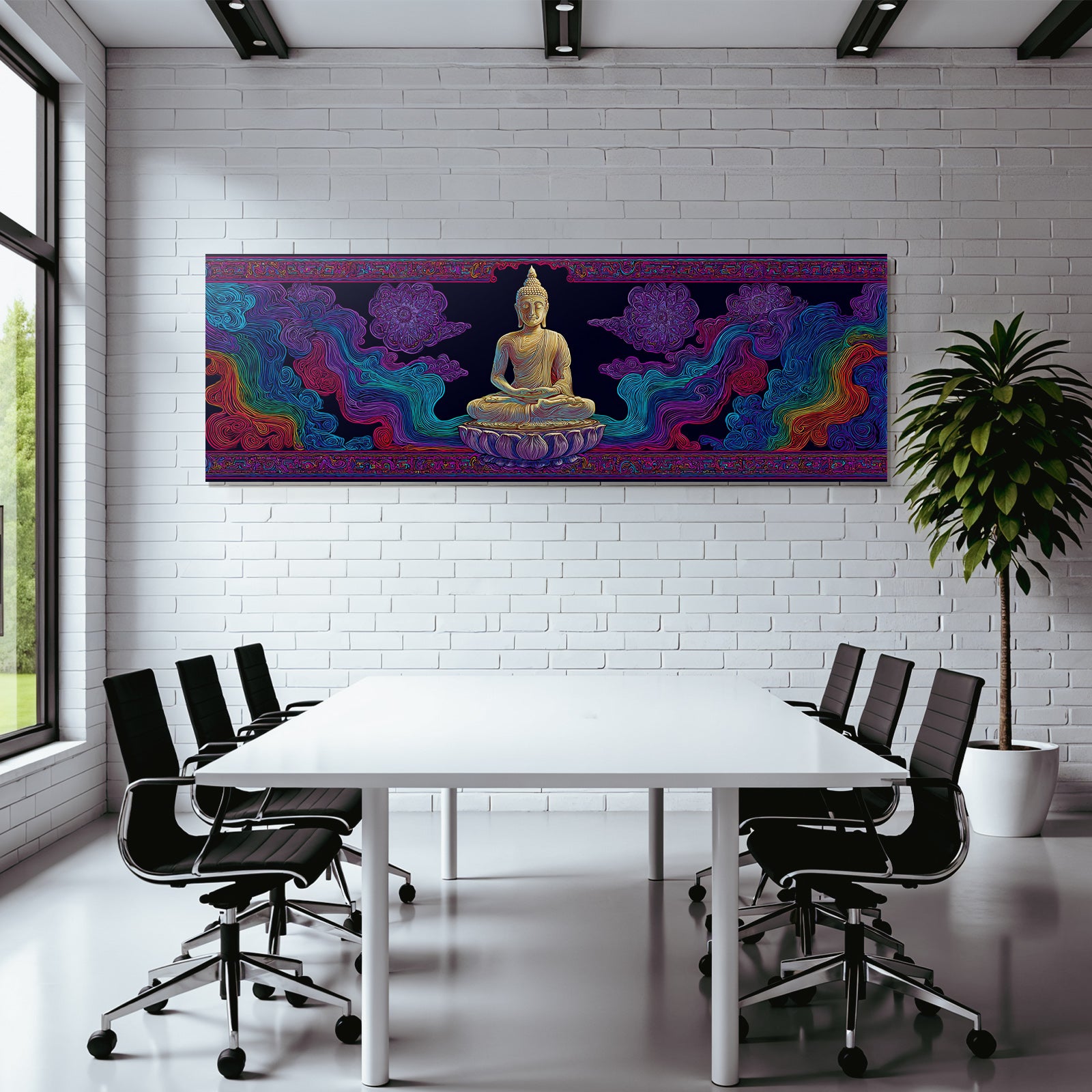 Sitzender Buddha Umgeben Von Farbenfrohen Mustern Und Kosmischen Elementen