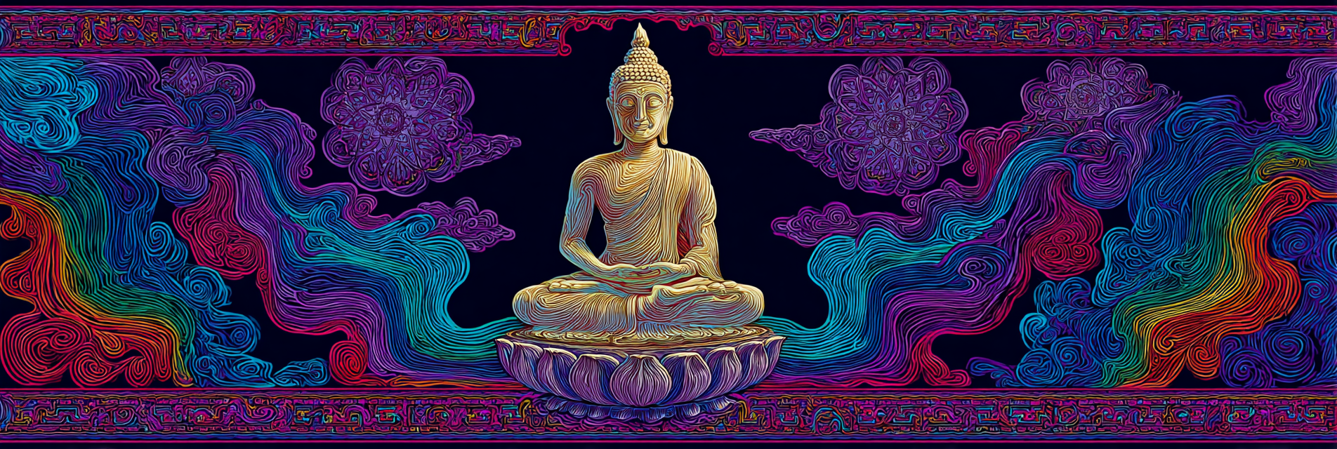 Sitzender Buddha Umgeben Von Farbenfrohen Mustern Und Kosmischen Elementen | Psychedelische Kunst | Stilrichtungen