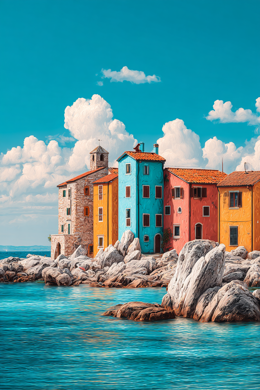 Malerisches Küstenbild Farbenfrohe Gebäude Und Meer | Humor und Schraeges | Themen und Hobbys