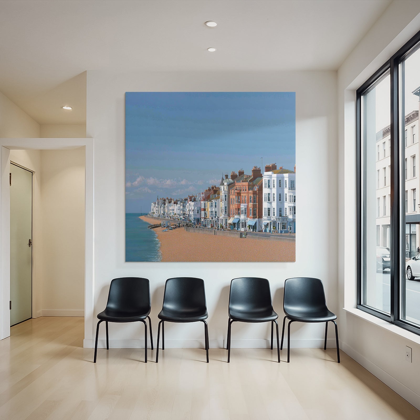 Seaside Promenade Mit Sandstrand Und Bunter Architektur