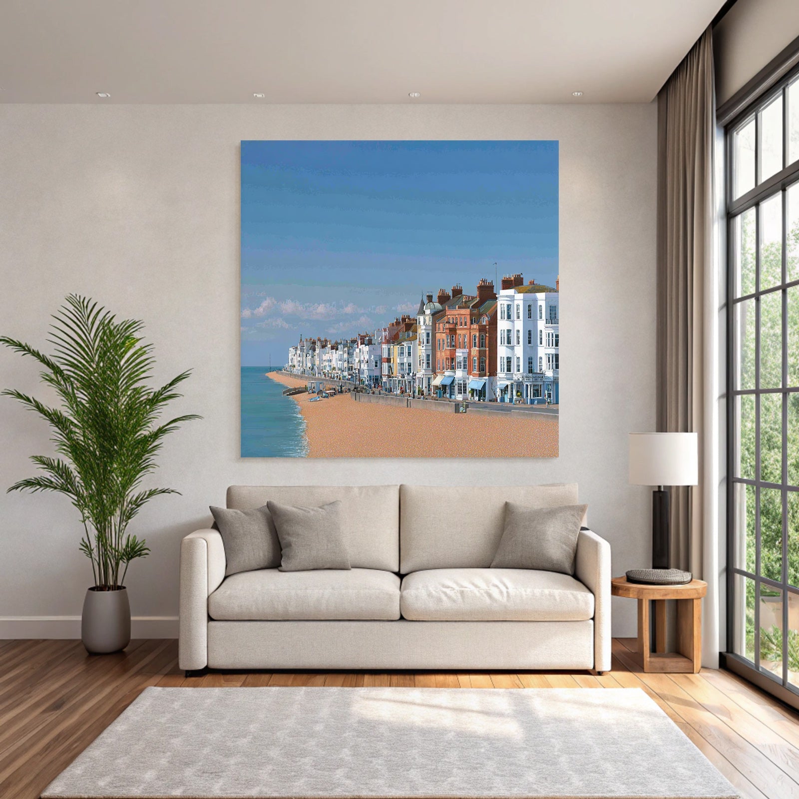 Seaside Promenade Mit Sandstrand Und Bunter Architektur