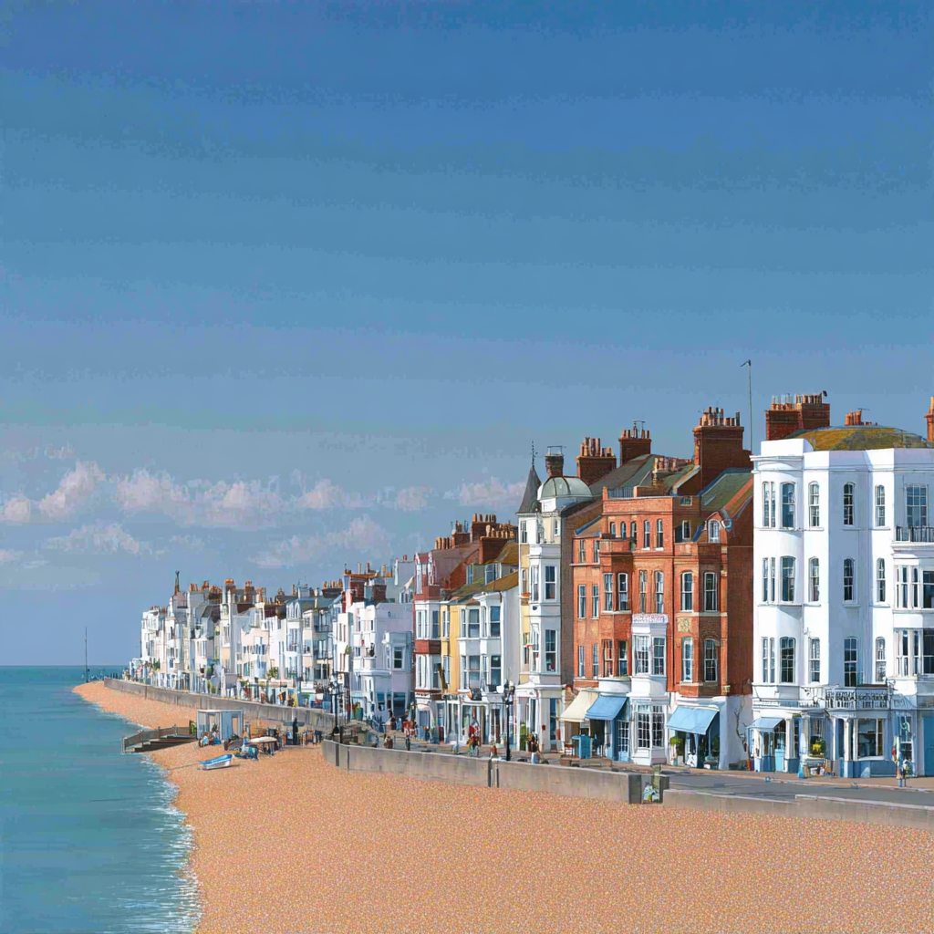 Seaside Promenade Mit Sandstrand Und Bunter Architektur | Humor und Schraeges | Themen und Hobbys