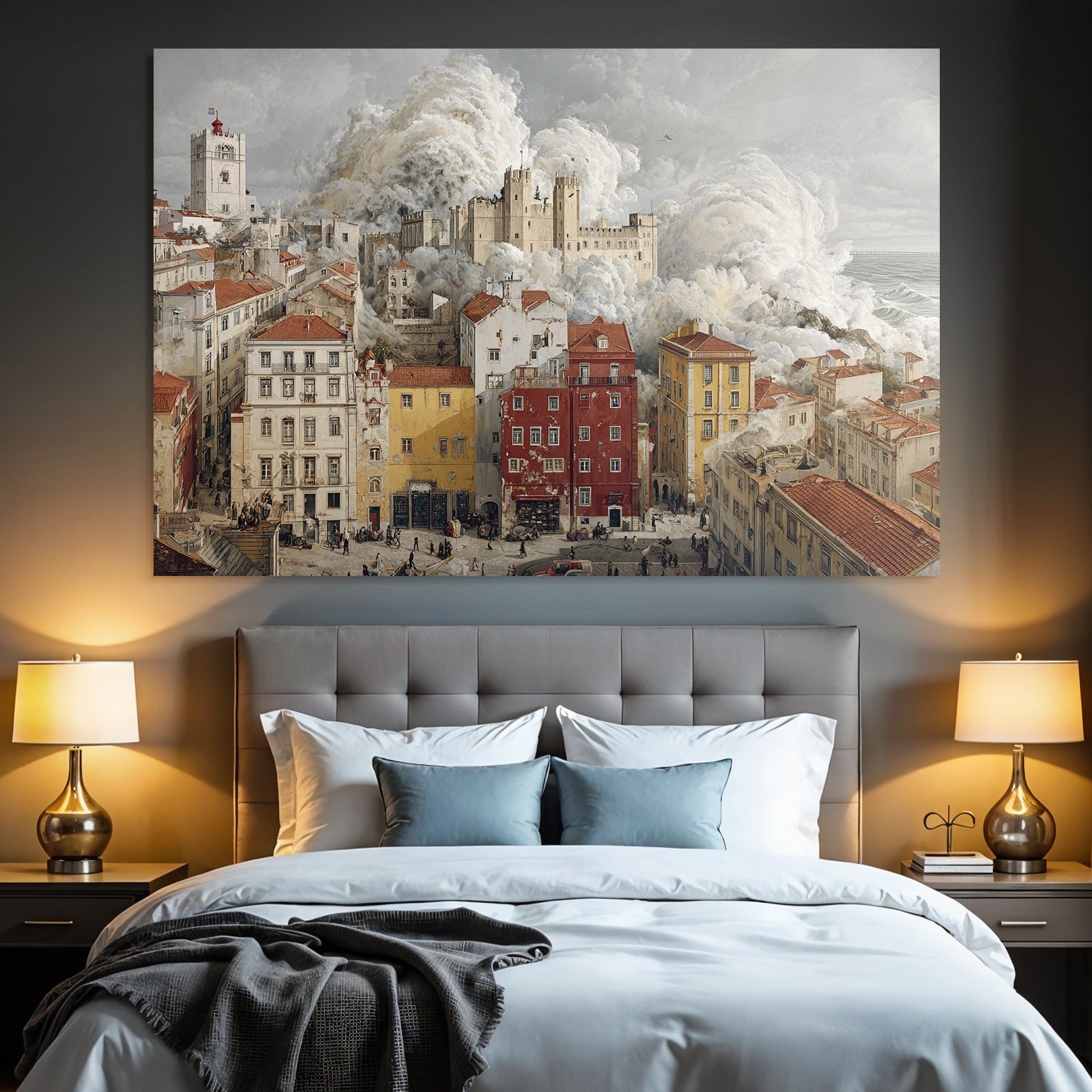 Historicism cityscape with castle in the background and storm clouds