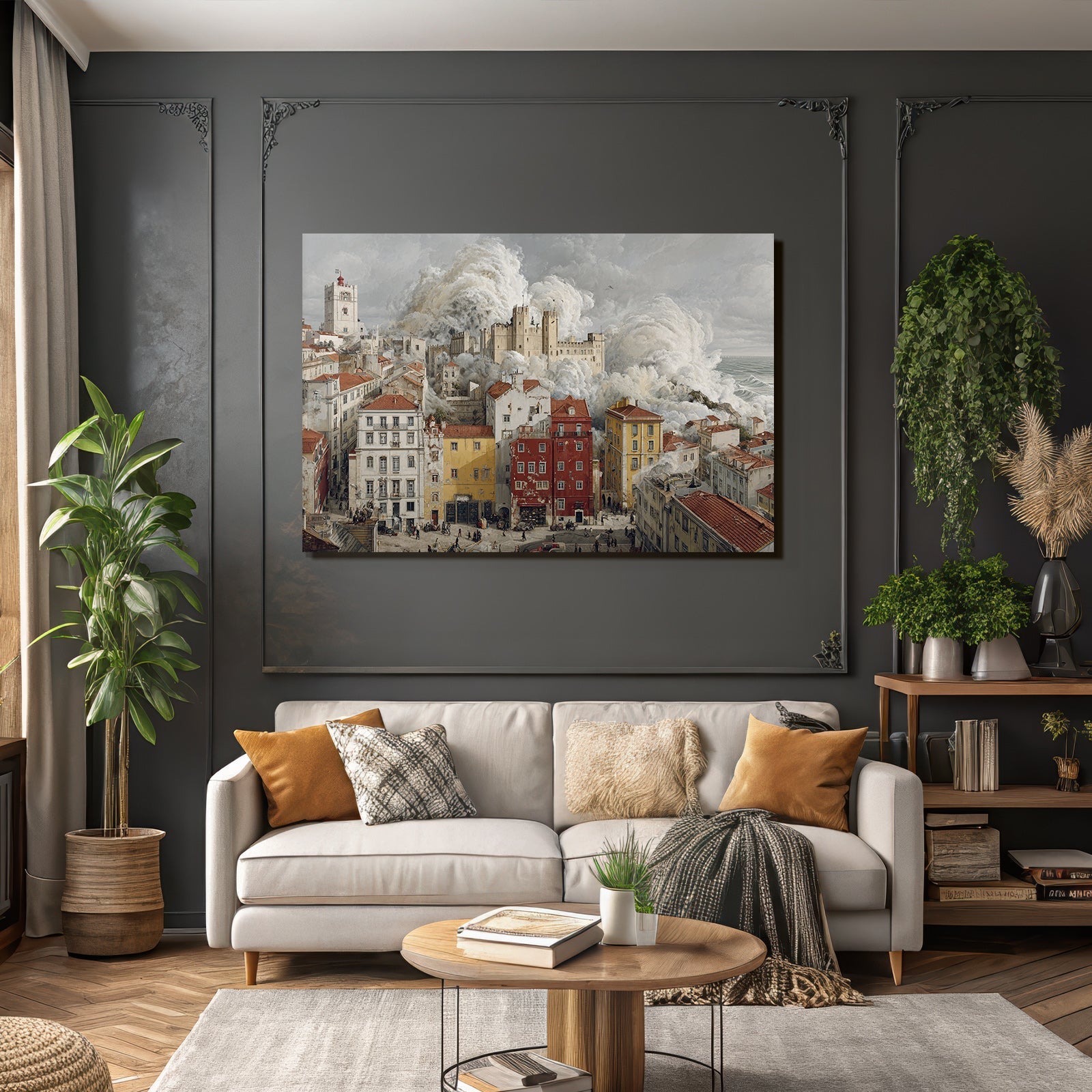 Historicism cityscape with castle in the background and storm clouds