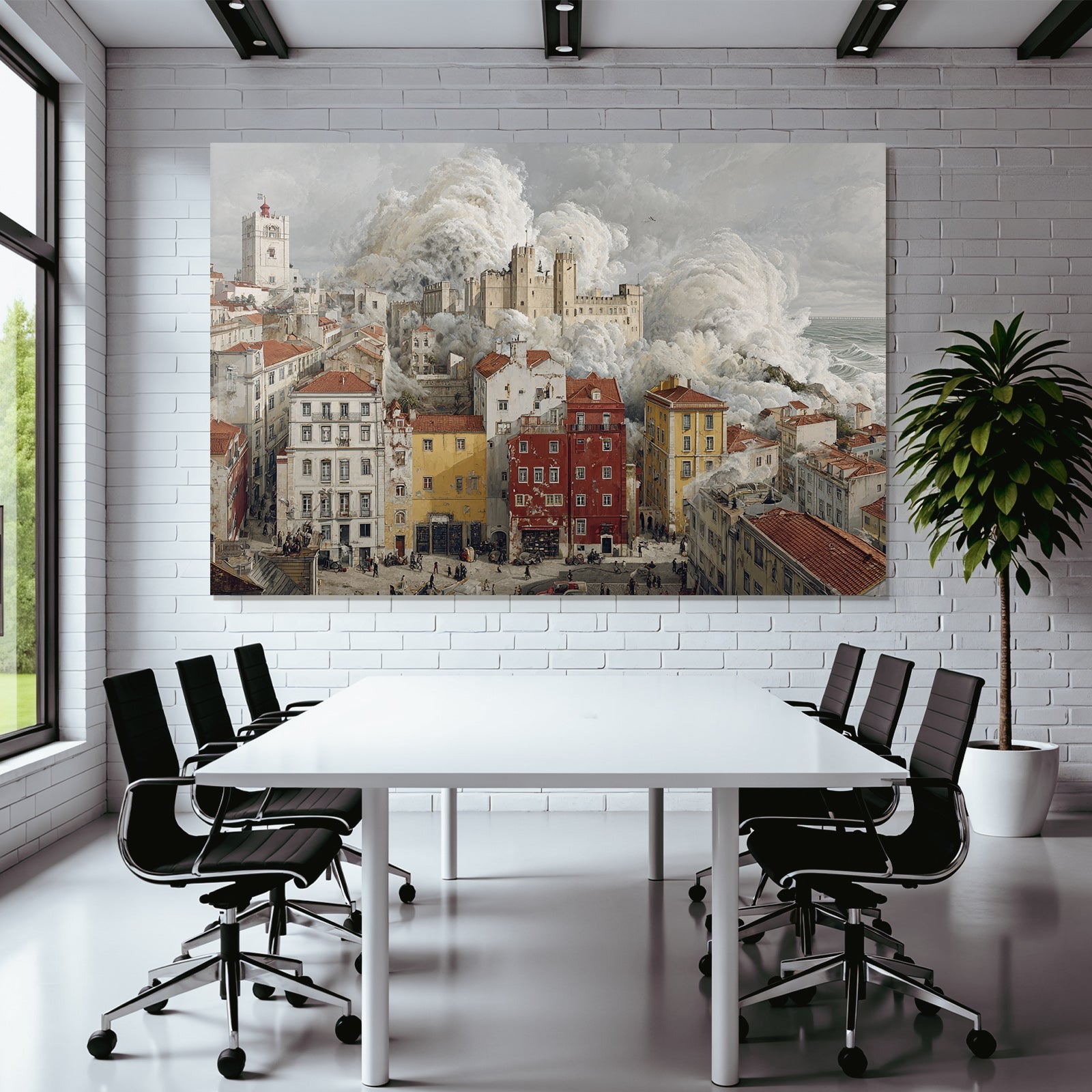 Historicism cityscape with castle in the background and storm clouds