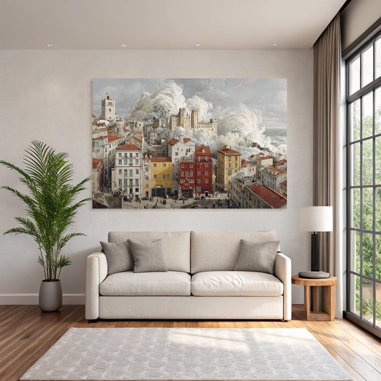 Historicism cityscape with castle in the background and storm clouds