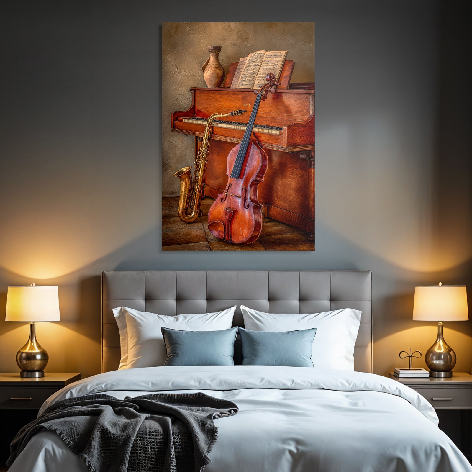 Holzpiano Mit Notenblatt Saxophon Und Geige In Artistischem Raum