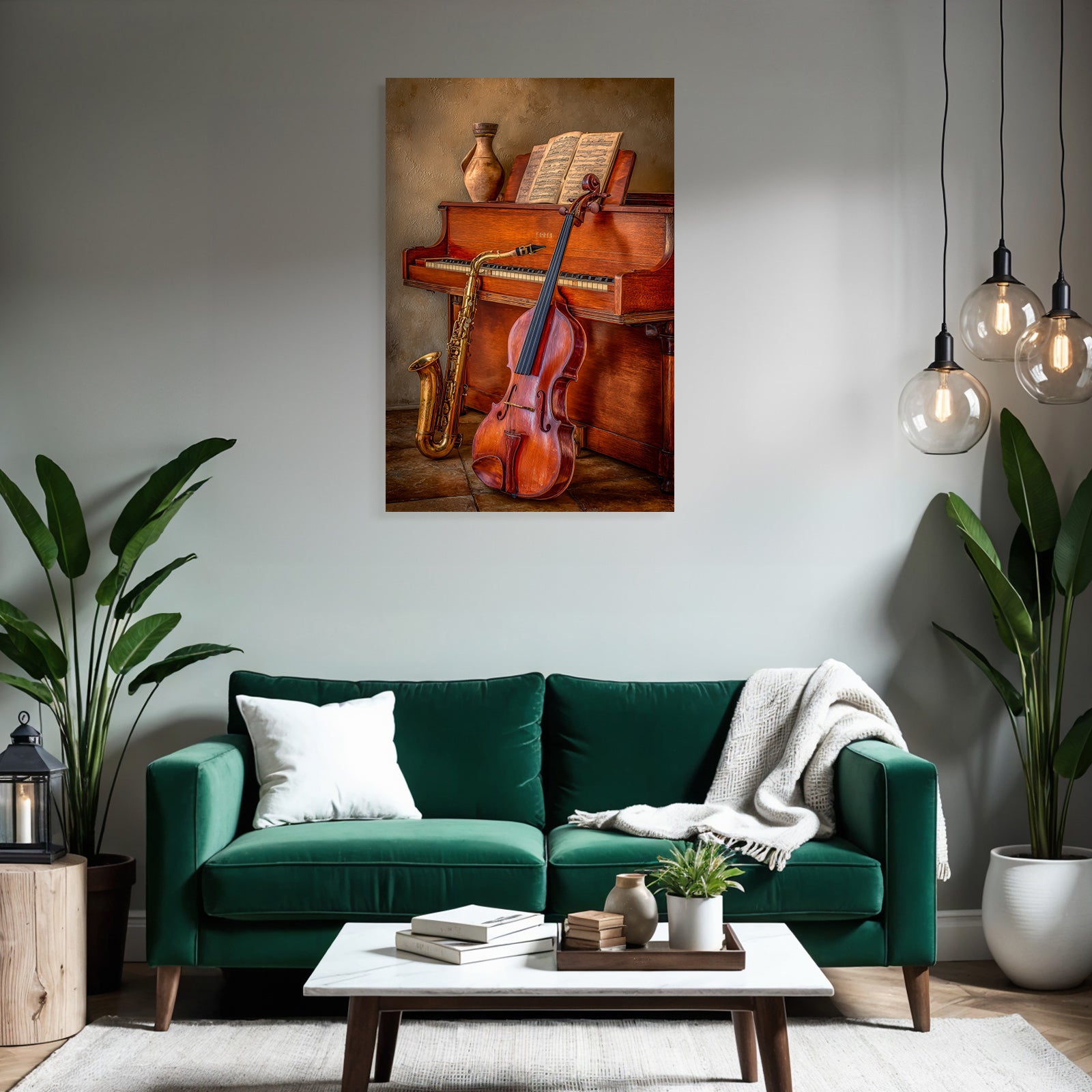Holzpiano Mit Notenblatt Saxophon Und Geige In Artistischem Raum