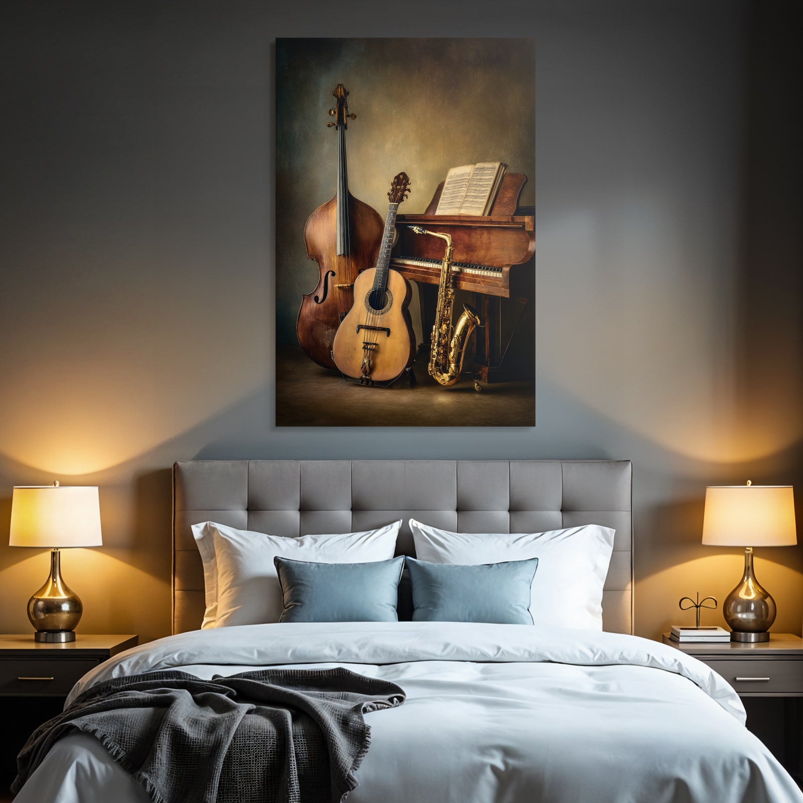 Musikinstrumente Double Bass Gitarre Saxophon Klavier Musikbuch Kreative Atmosphäre