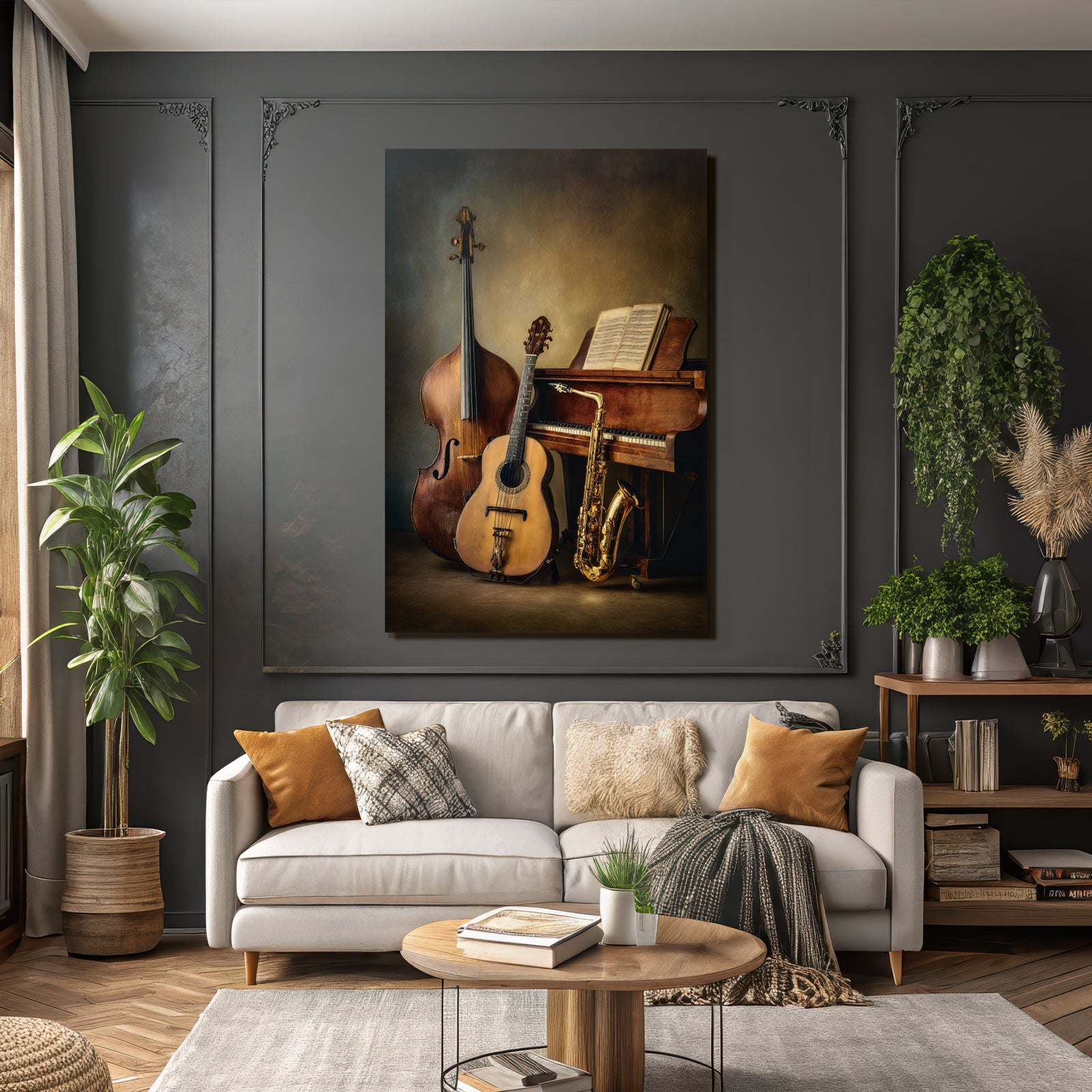 Musikinstrumente Double Bass Gitarre Saxophon Klavier Musikbuch Kreative Atmosphäre