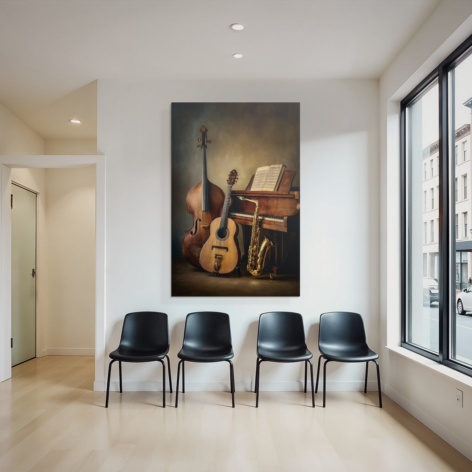 Musikinstrumente Double Bass Gitarre Saxophon Klavier Musikbuch Kreative Atmosphäre