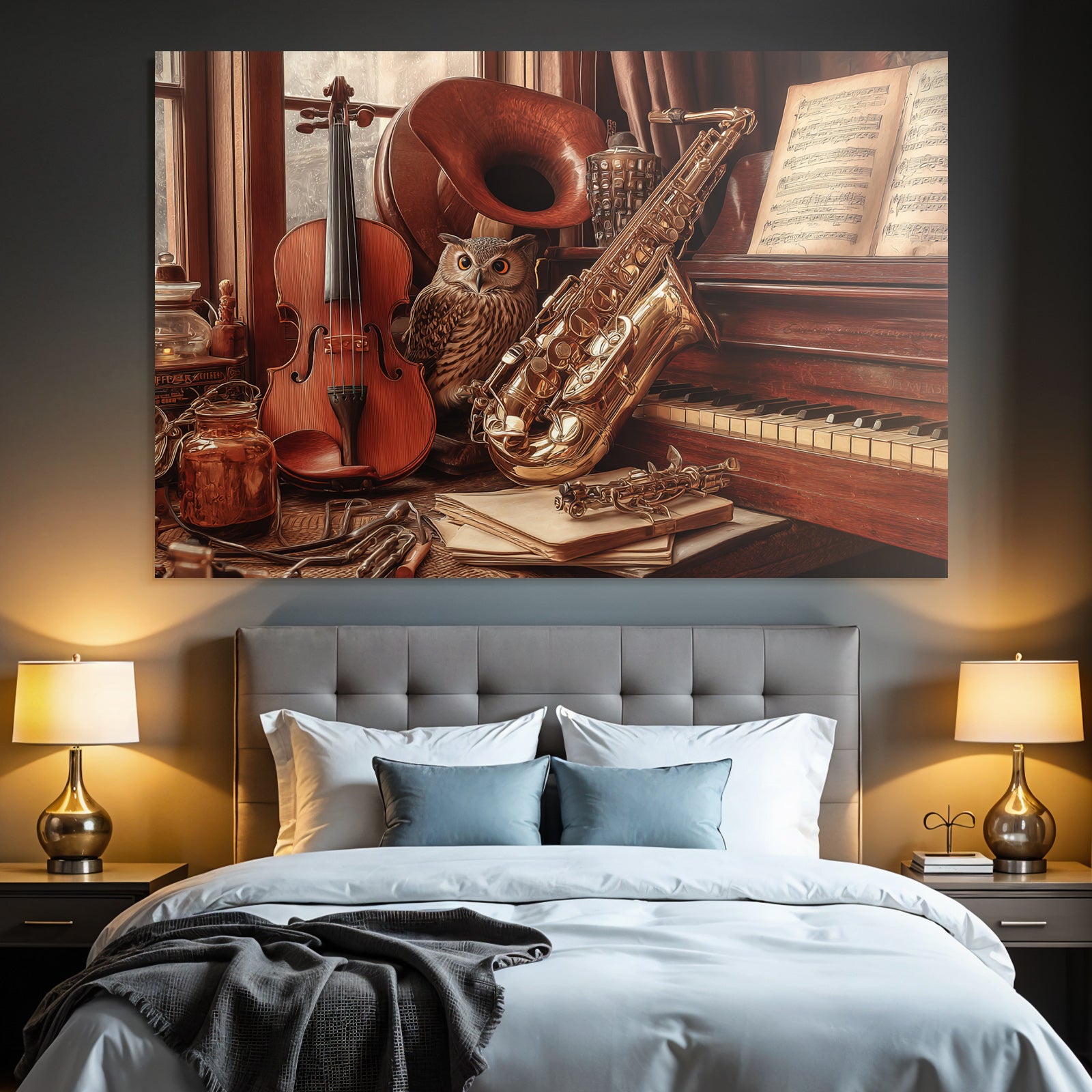 Cozy Artistische Szene Mit Instrumenten Und Einem Eule