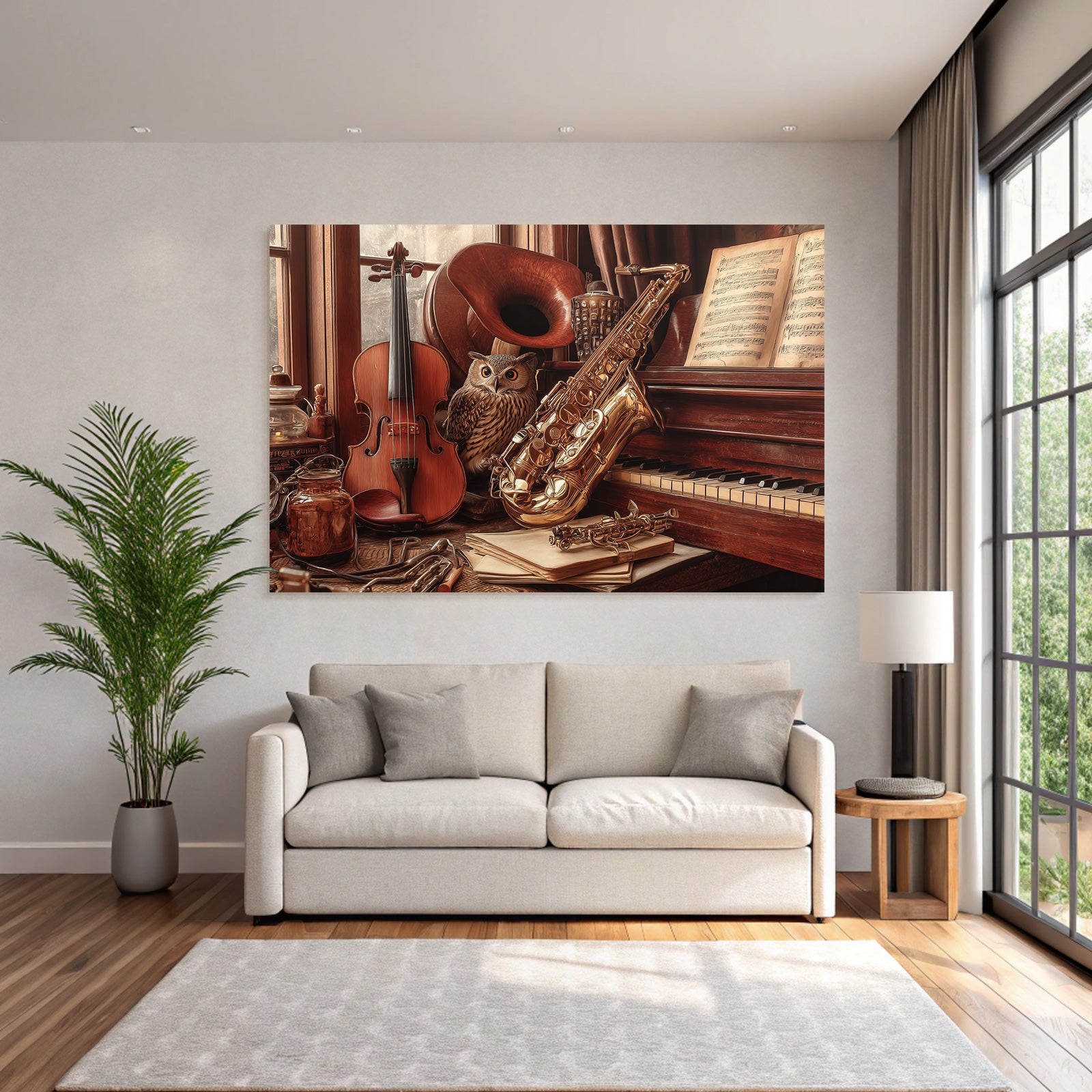 Cozy Artistische Szene Mit Instrumenten Und Einem Eule