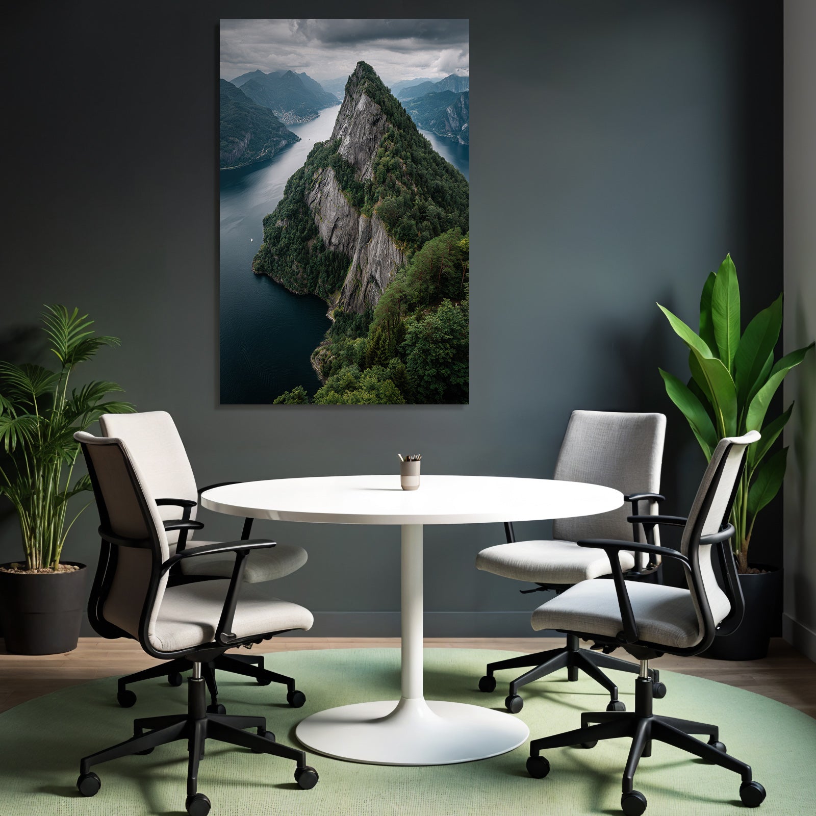 Dramatische Berglandschaft Mit Felsen Und Wasser Umgeben Von Grünem Mistiger Himmel