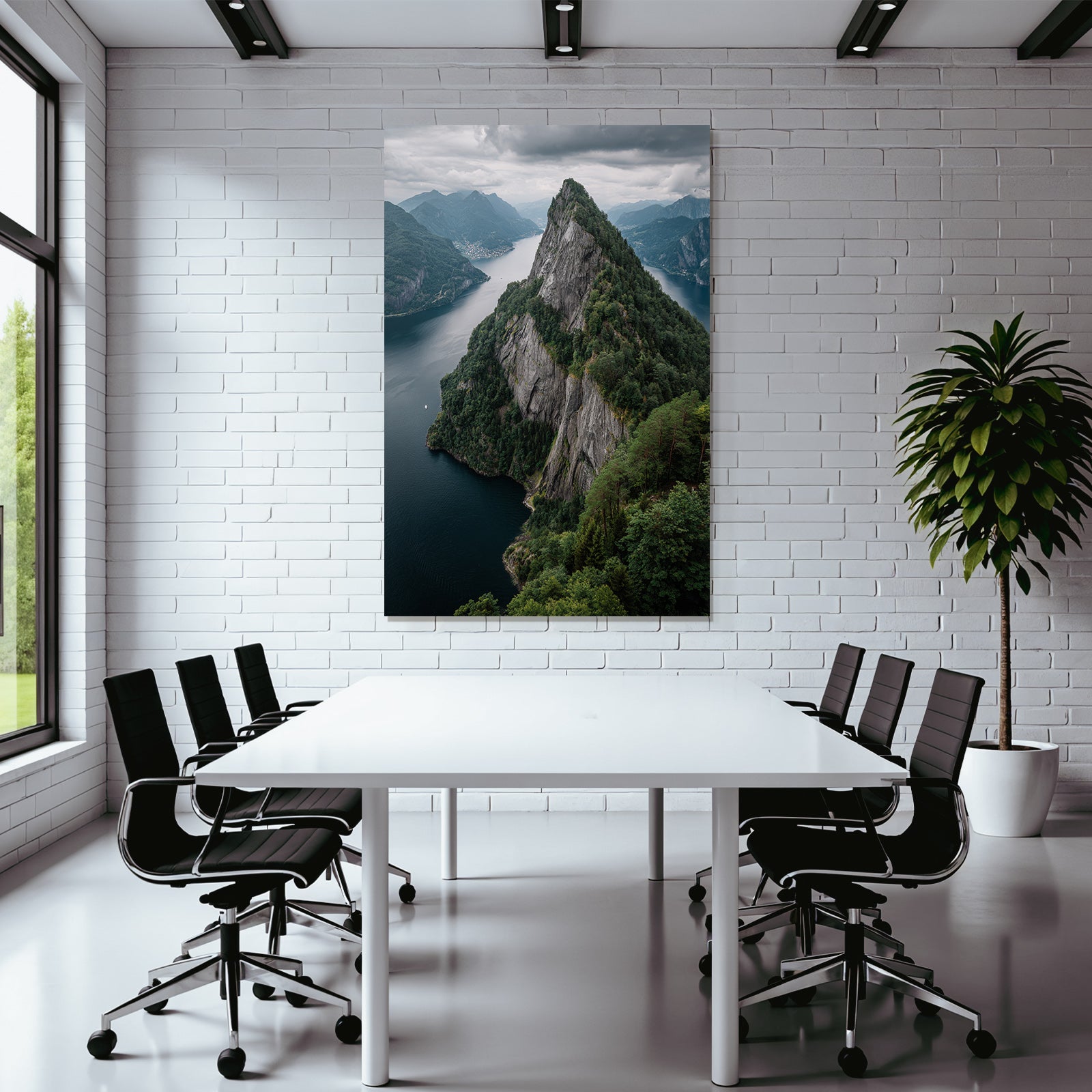 Dramatische Berglandschaft Mit Felsen Und Wasser Umgeben Von Grünem Mistiger Himmel