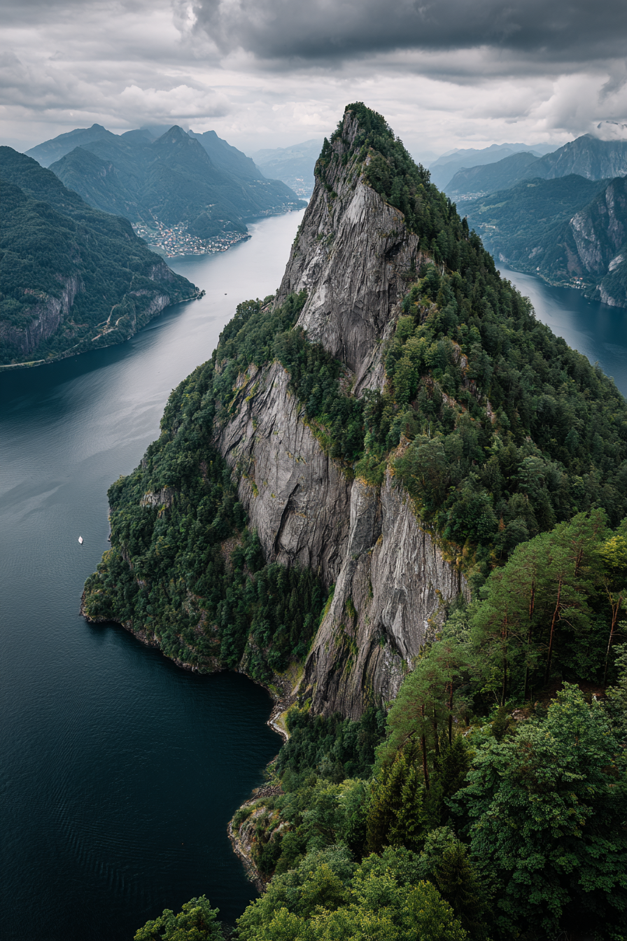 Dramatische Berglandschaft Mit Felsen Und Wasser Umgeben Von Grünem Mistiger Himmel | Reisen und Outdoor | Themen und Hobbys