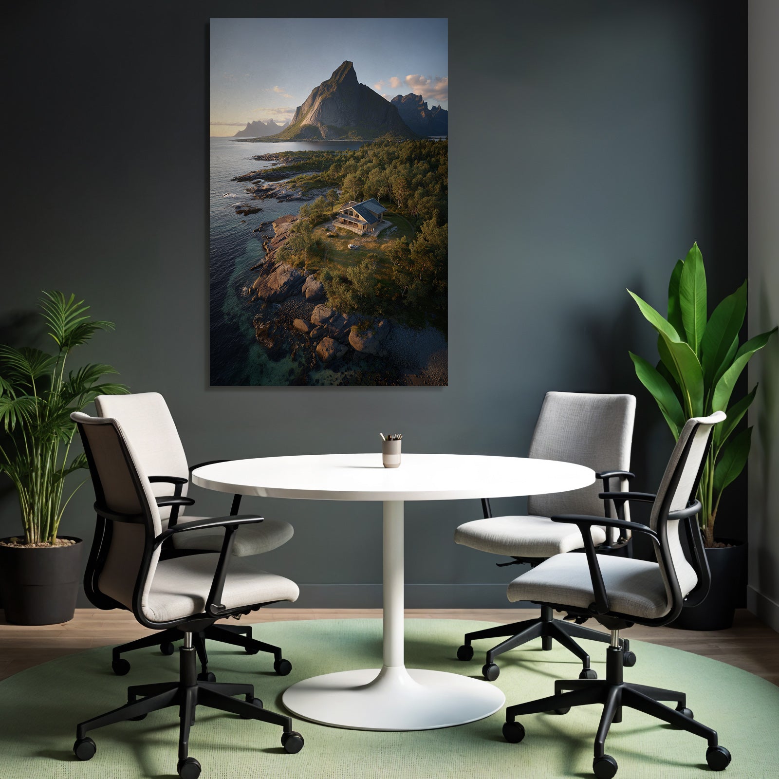 Friedliche Küstenlandschaft Modernes Haus Auf Felsen Mit Bergen Hintergrund