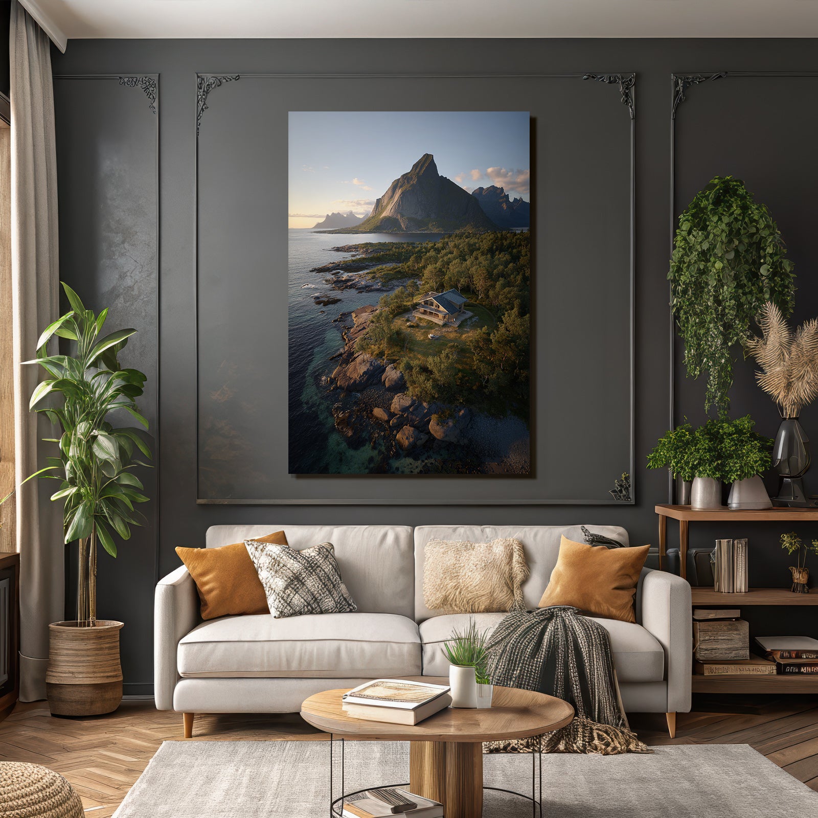 Friedliche Küstenlandschaft Modernes Haus Auf Felsen Mit Bergen Hintergrund