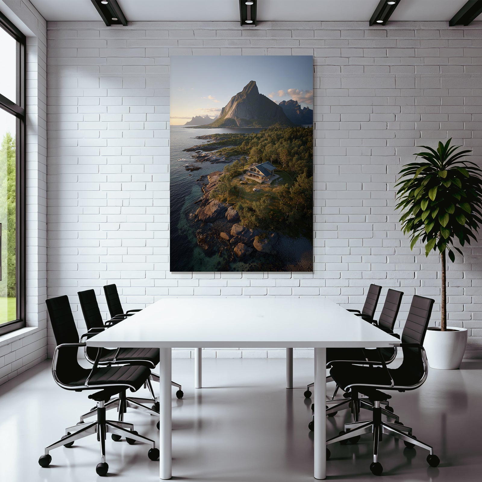 Friedliche Küstenlandschaft Modernes Haus Auf Felsen Mit Bergen Hintergrund