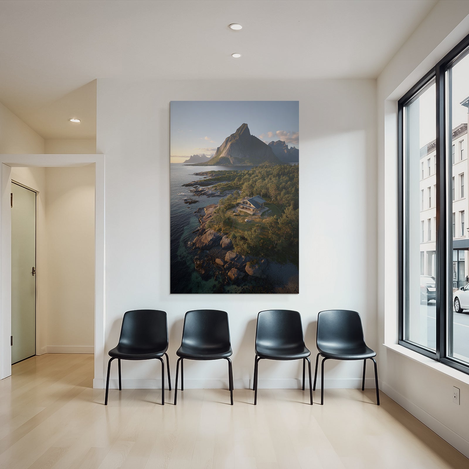 Friedliche Küstenlandschaft Modernes Haus Auf Felsen Mit Bergen Hintergrund