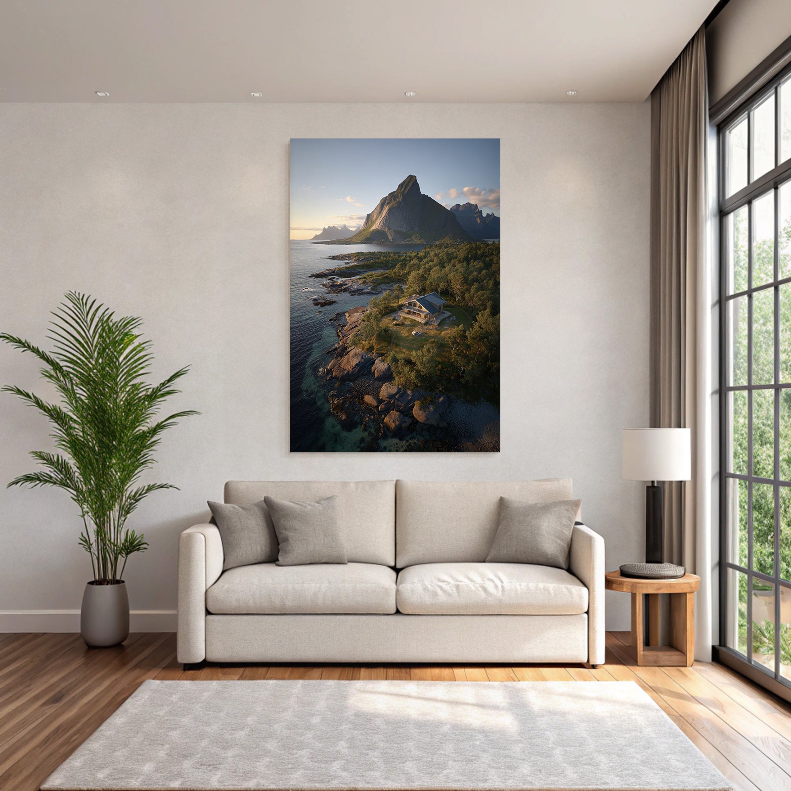 Friedliche Küstenlandschaft Modernes Haus Auf Felsen Mit Bergen Hintergrund