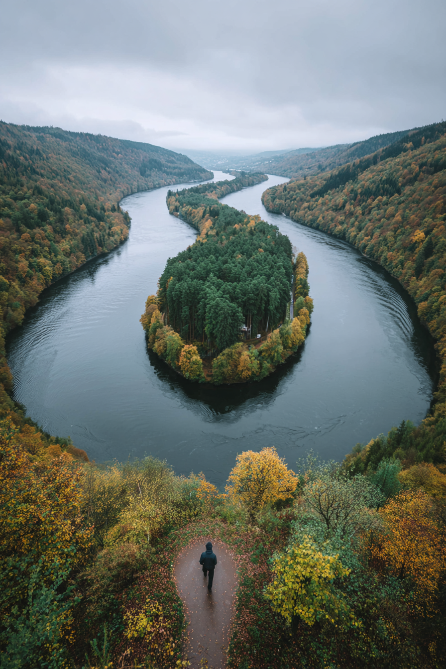Herbstlandschaft Mit Fluss Und Wald Spaziergänger Ausblick | Reisen und Outdoor | Themen und Hobbys