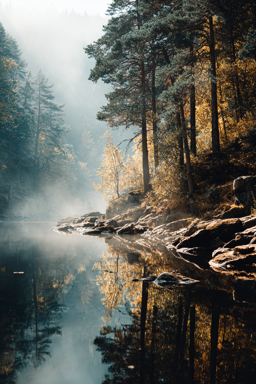 Herbstlandschaft Mit Nebel Und Ruhigem Wasser | Reisen und Outdoor | Themen und Hobbys