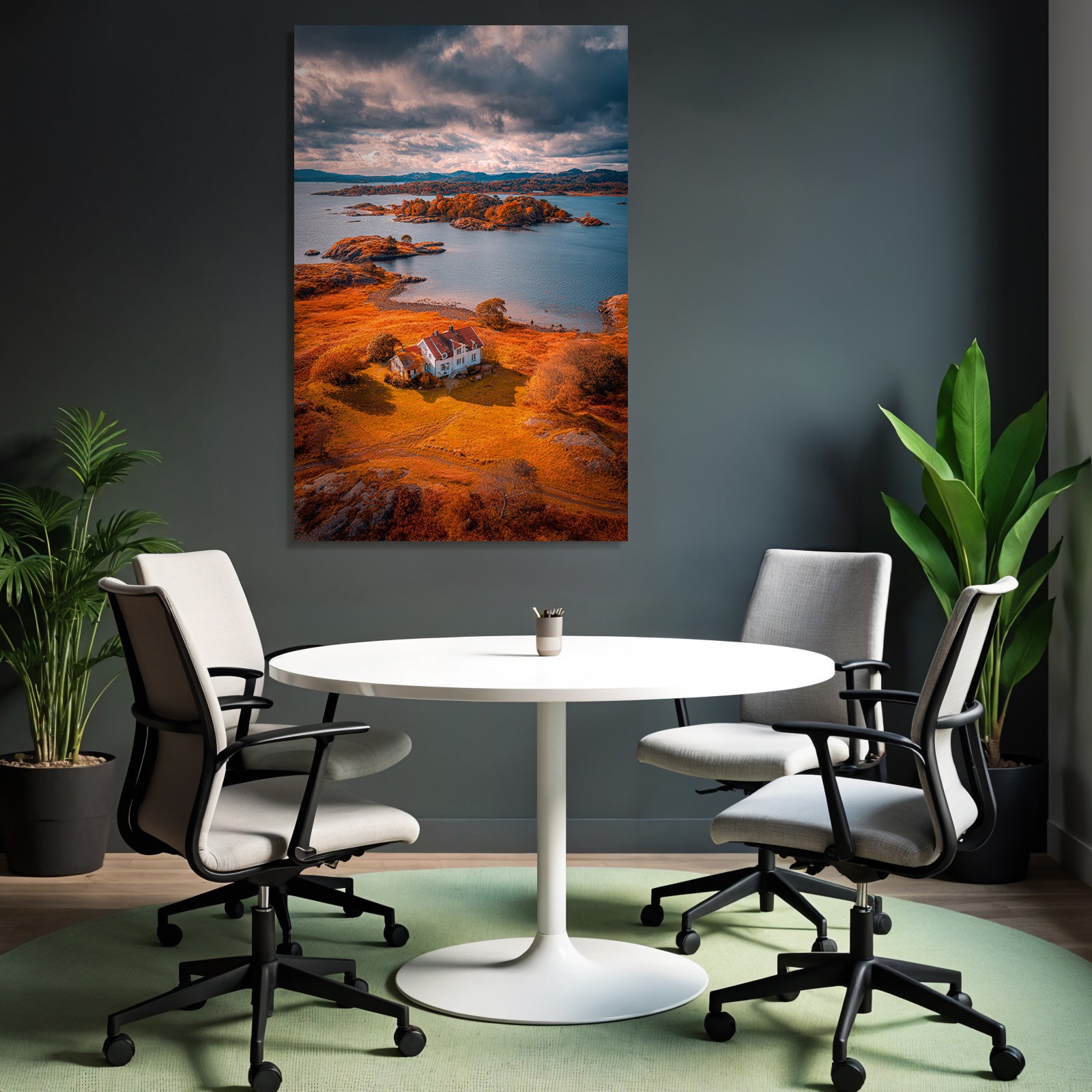 Herbstliche Landschaft Mit Haus Und Wasser Und Inseln