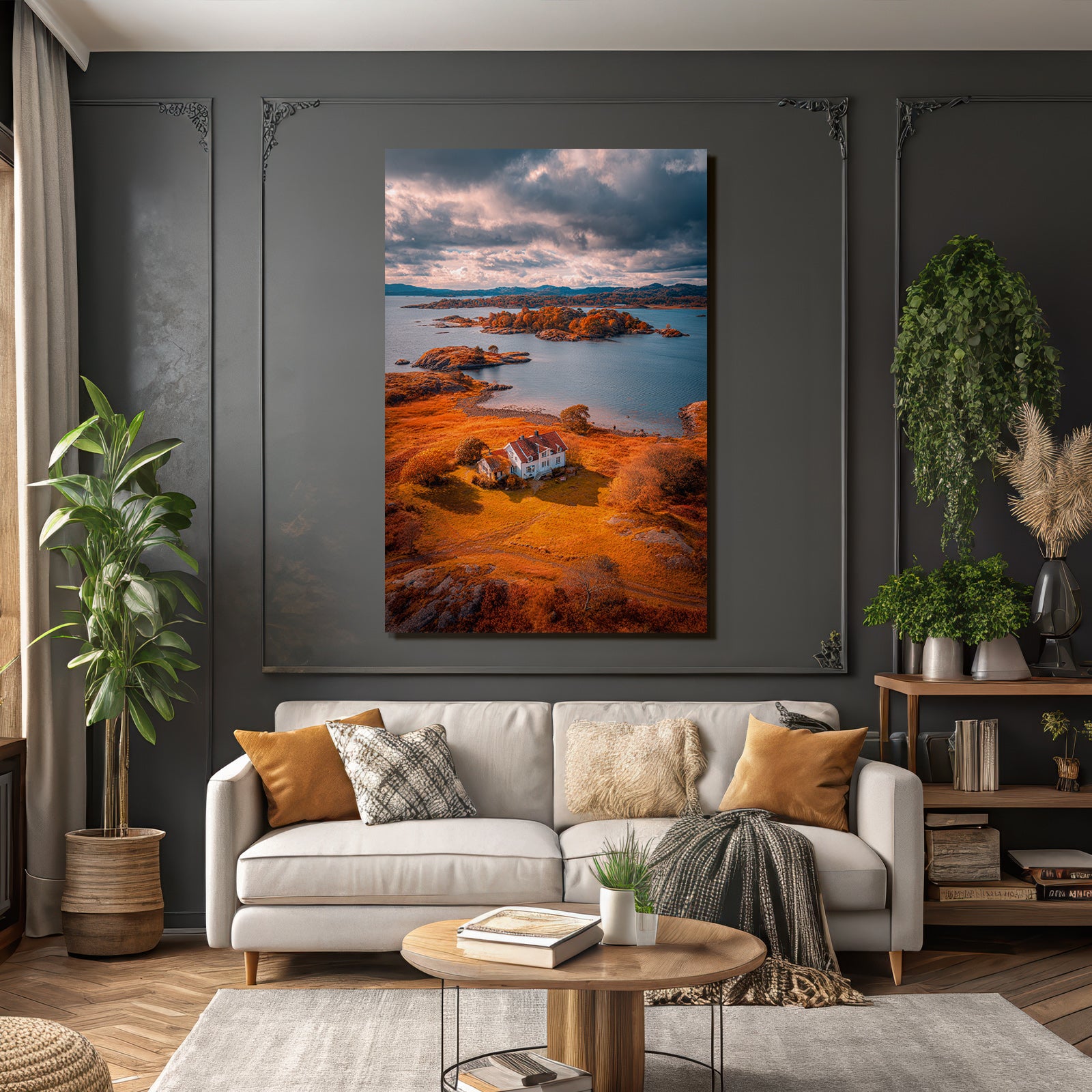 Herbstliche Landschaft Mit Haus Und Wasser Und Inseln