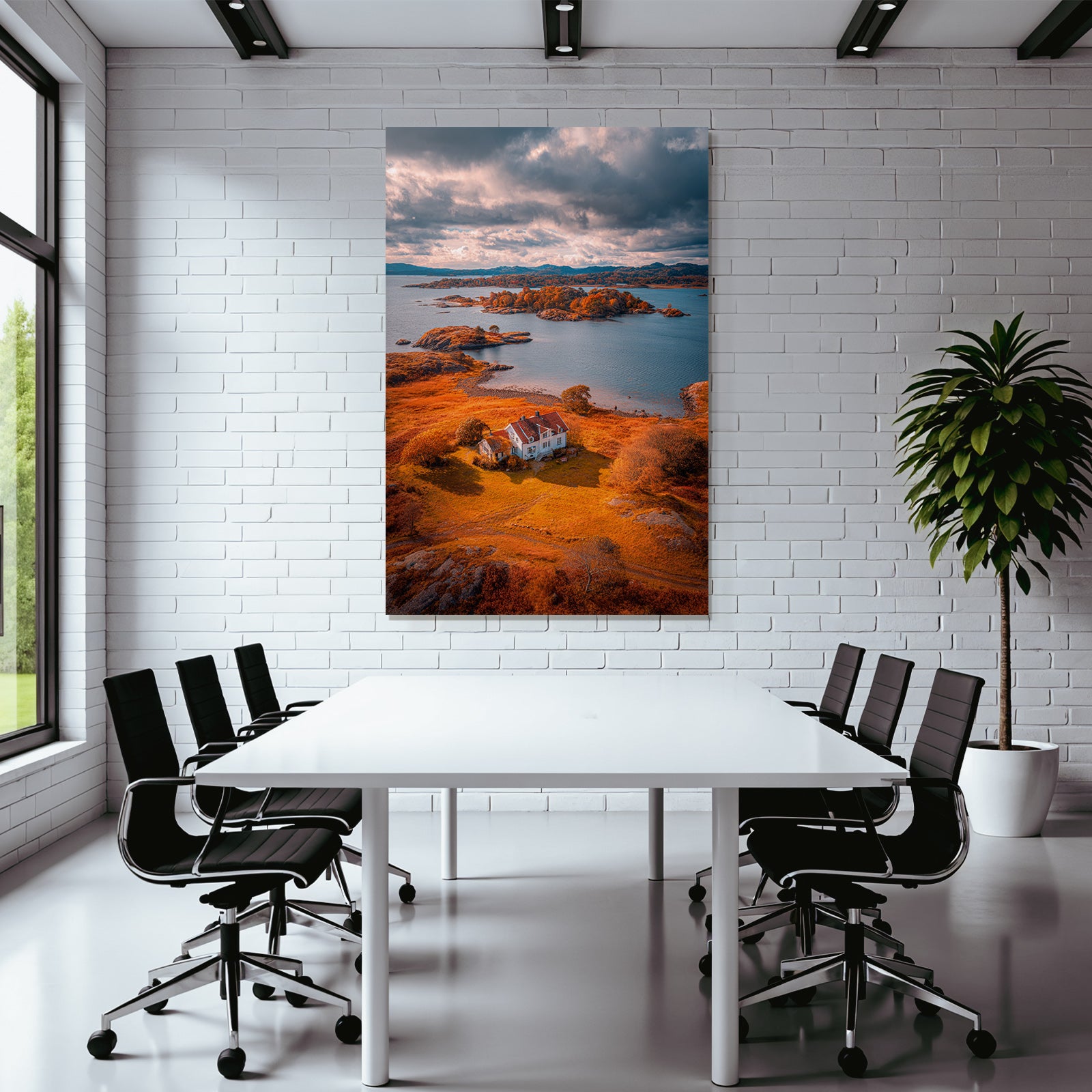 Herbstliche Landschaft Mit Haus Und Wasser Und Inseln